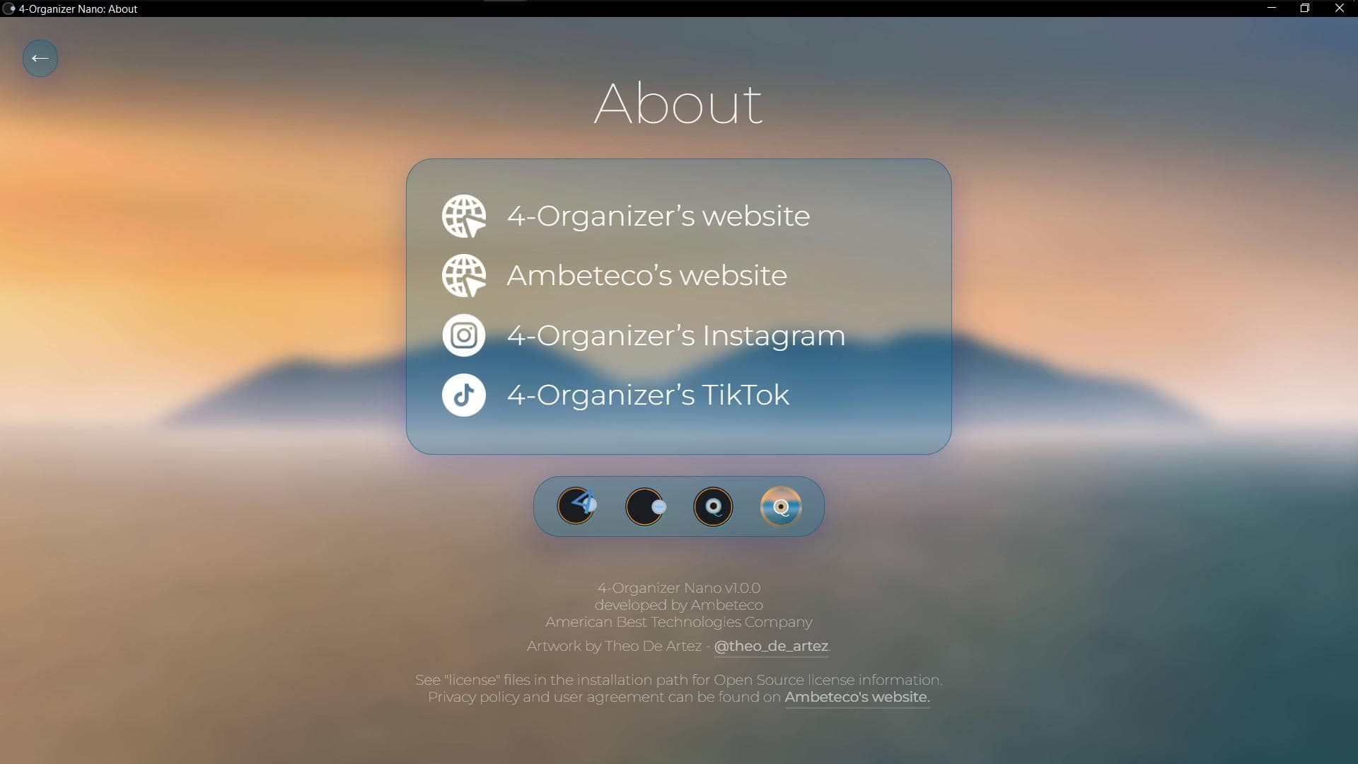 Screenshot of 'About' window of 4-Organizer Nano
