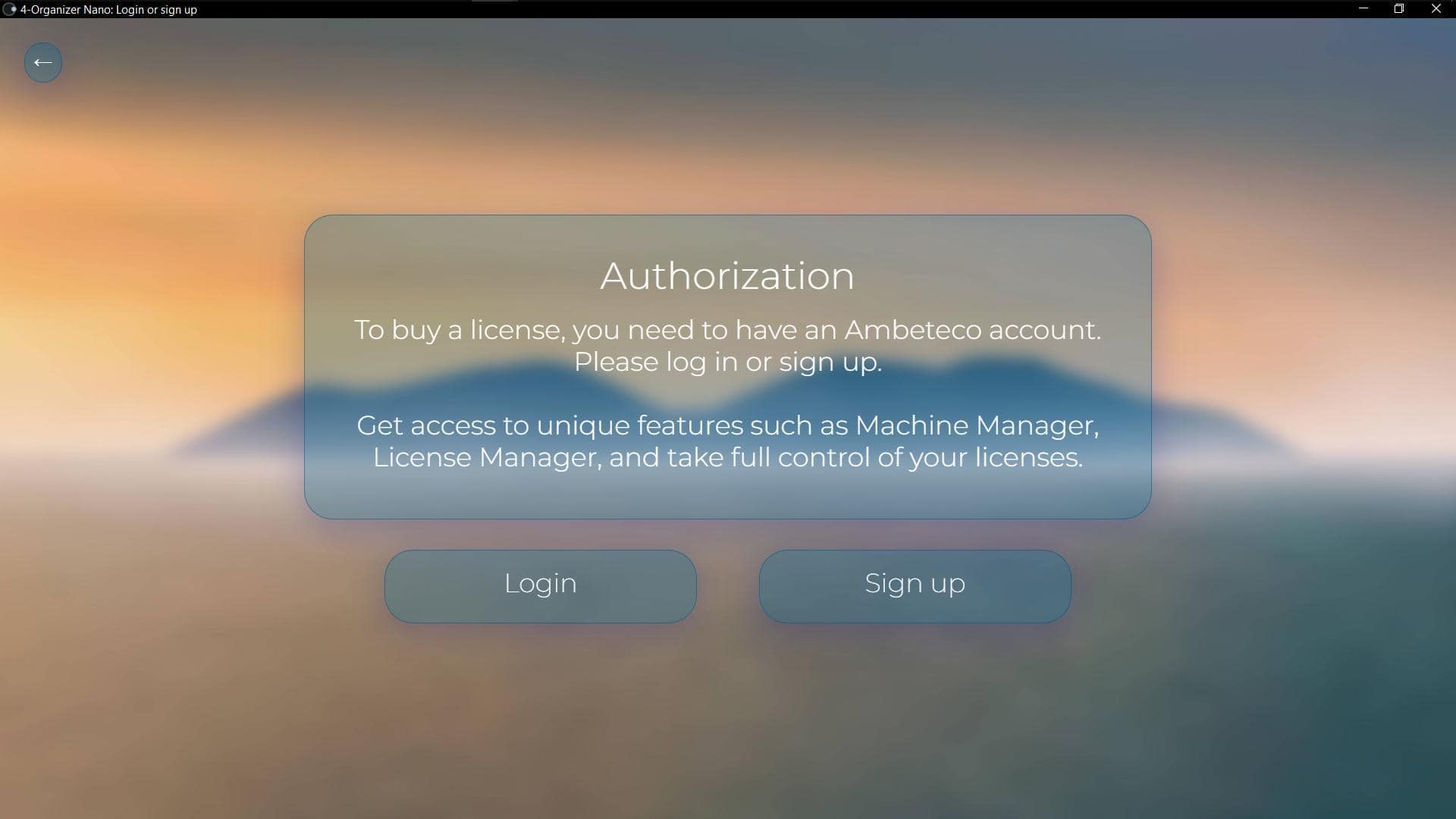 Screenshot of 'Authorization' window of 4-Organizer Nano