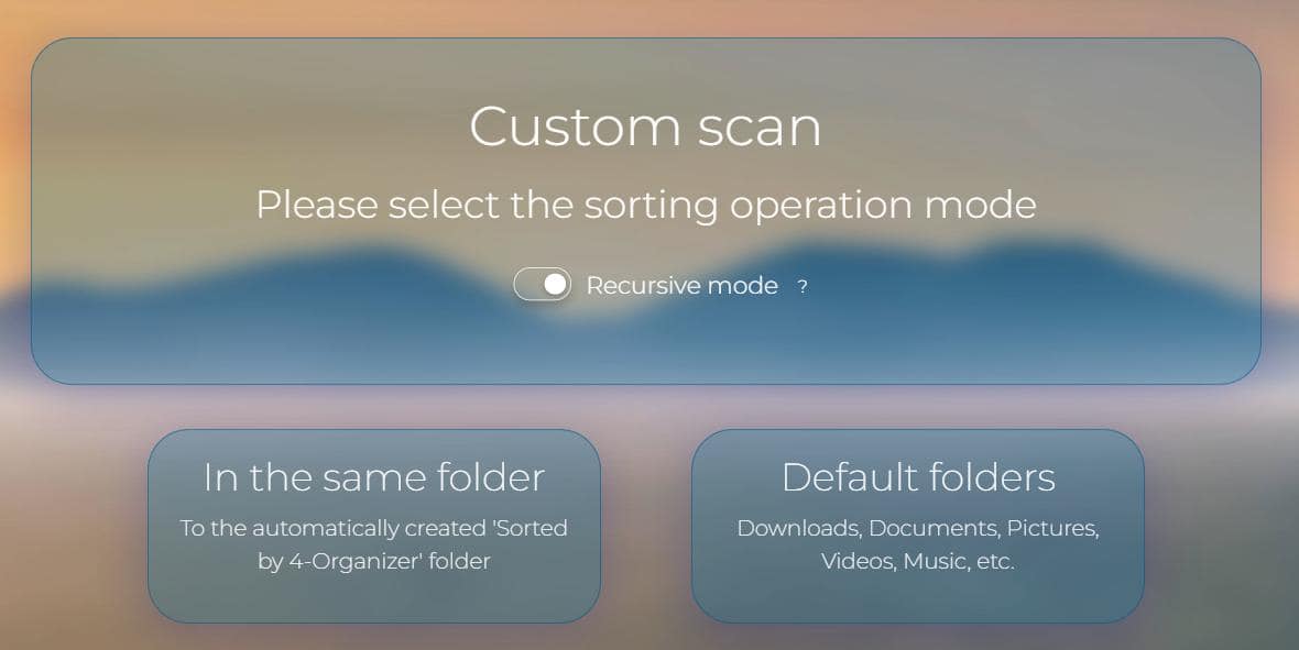 Enable or disable the “recursive” sorting. Pick the sorting mode and click on it to start the process.