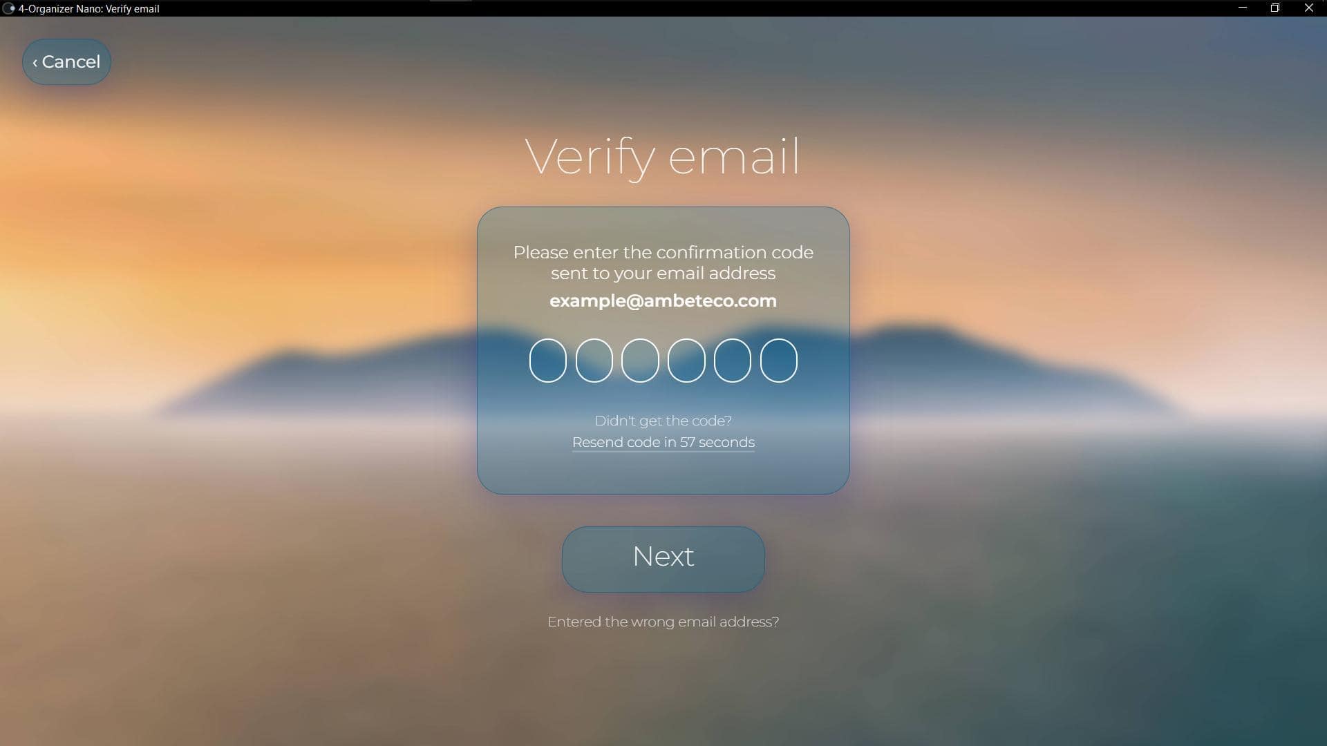 Screenshot of 'Email verification' window of 4-Organizer Nano