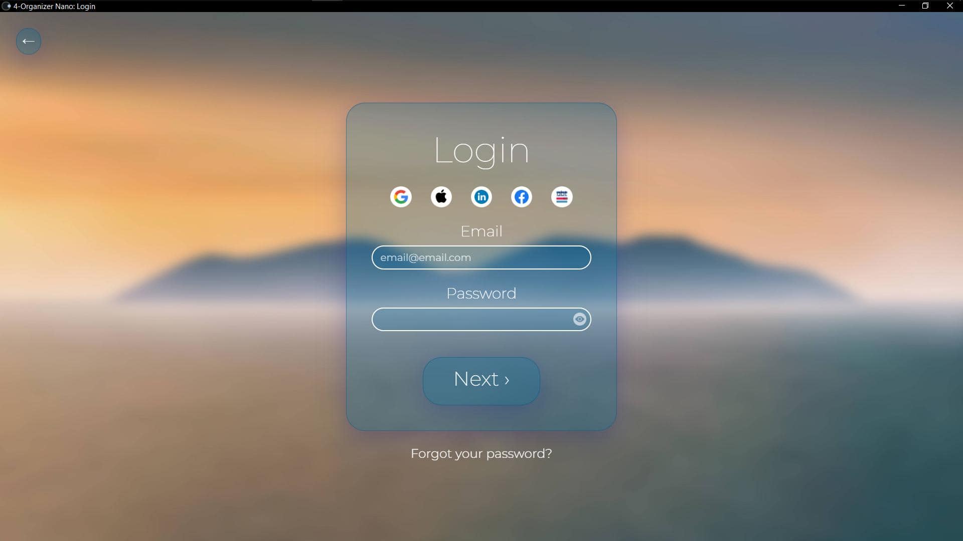 Screenshot of 'Login' window of 4-Organizer Nano