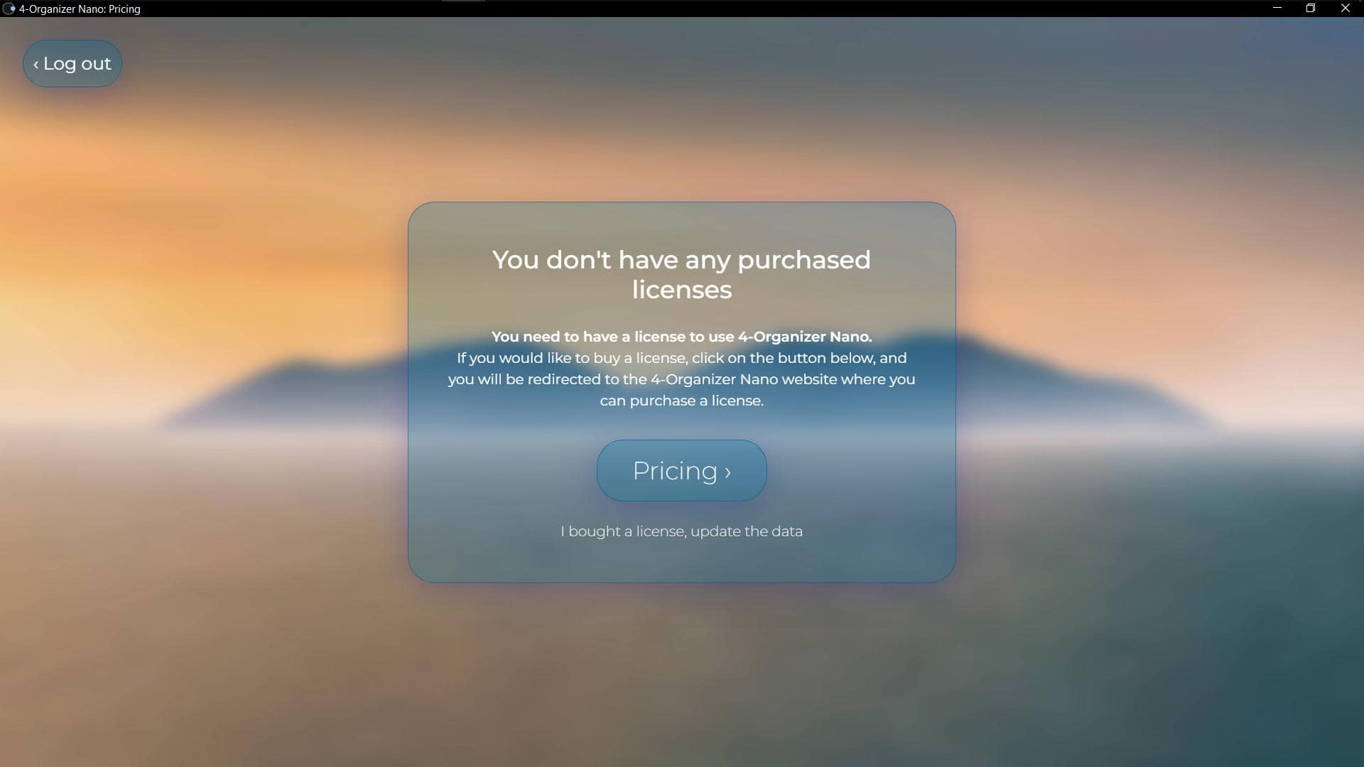 Screenshot of 'Pricing' window of 4-Organizer Nano