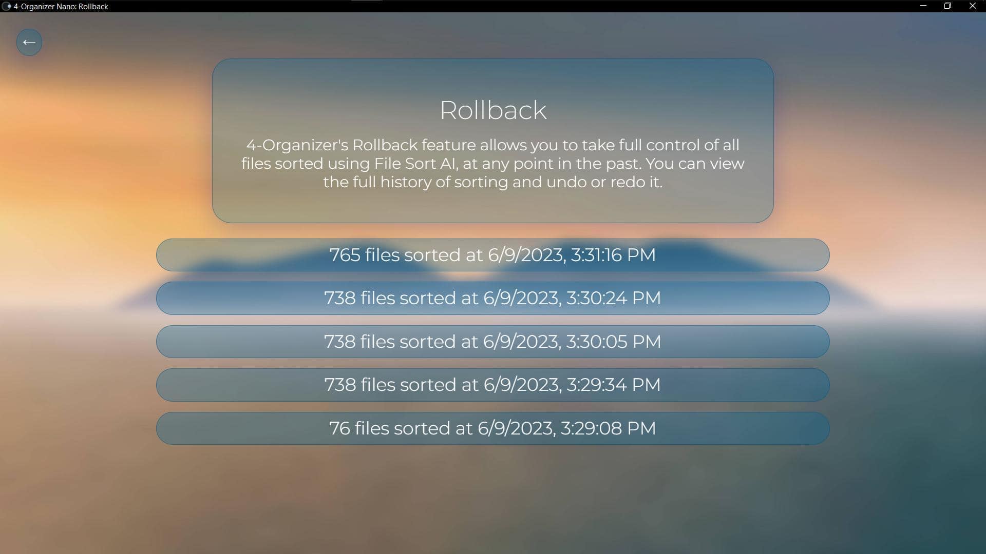 Screenshot of 4-Organizer Nano's Rollback feature