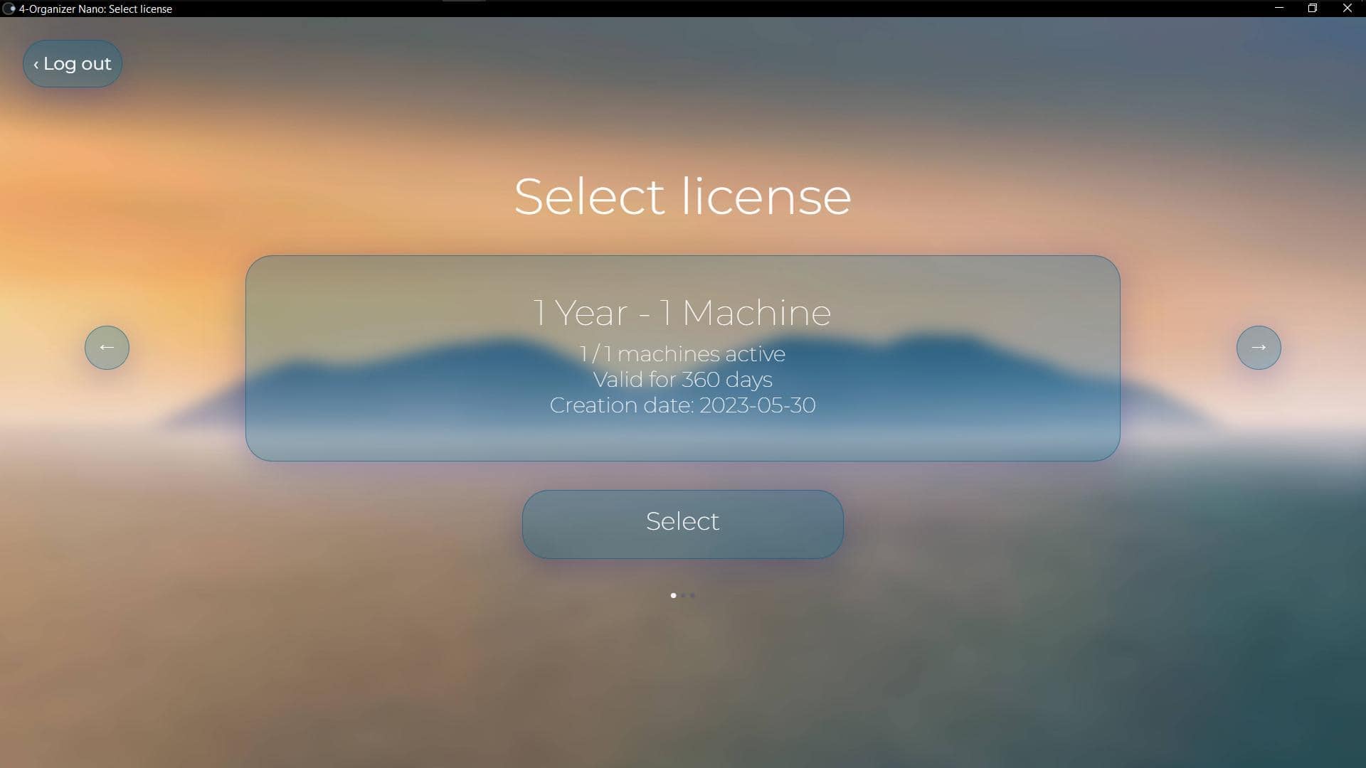 Screenshot of 'License selection' window of 4-Organizer Nano