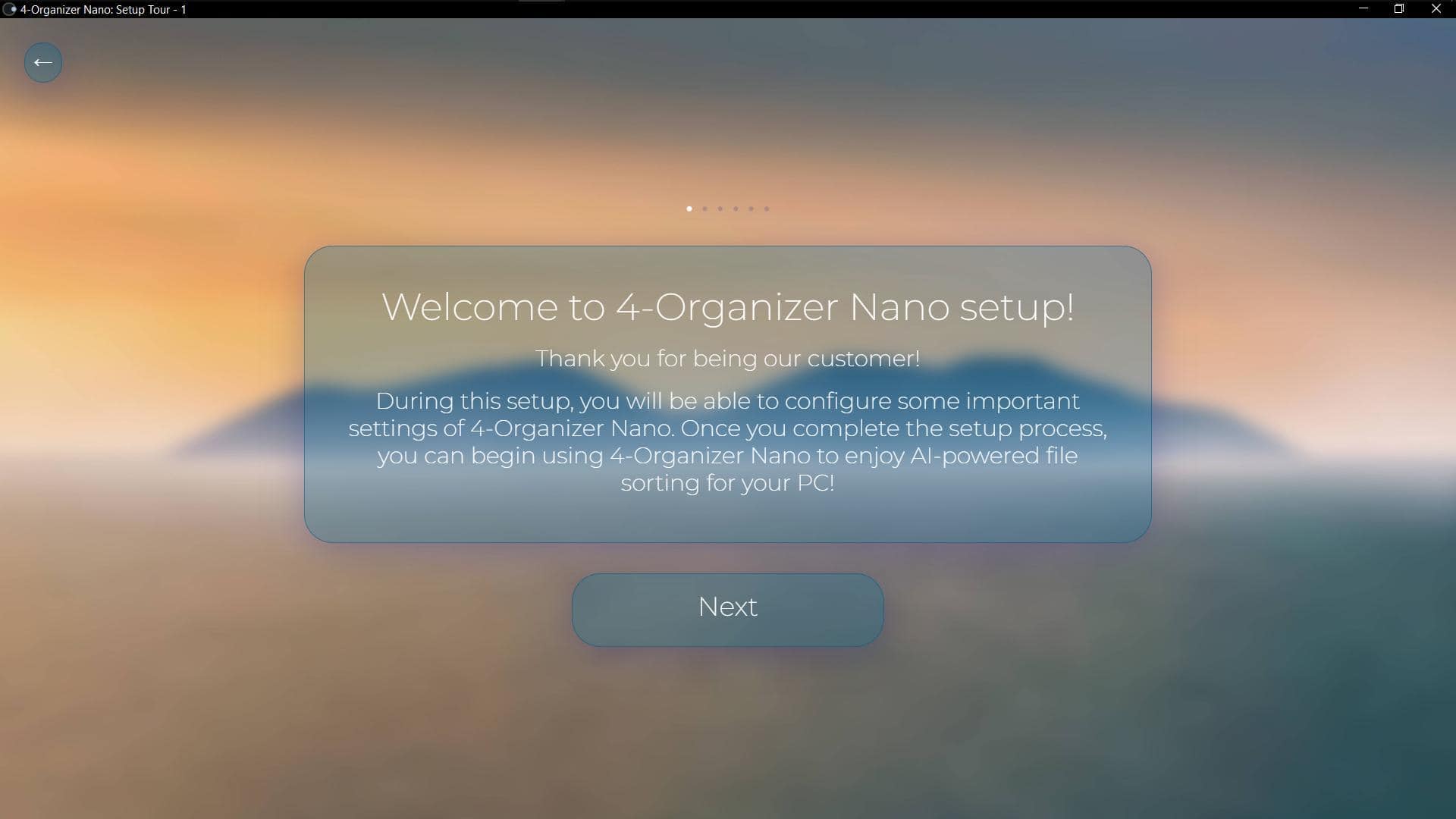 Screenshot of 4-Organizer Nano's 'Setup Tour' welcome window
