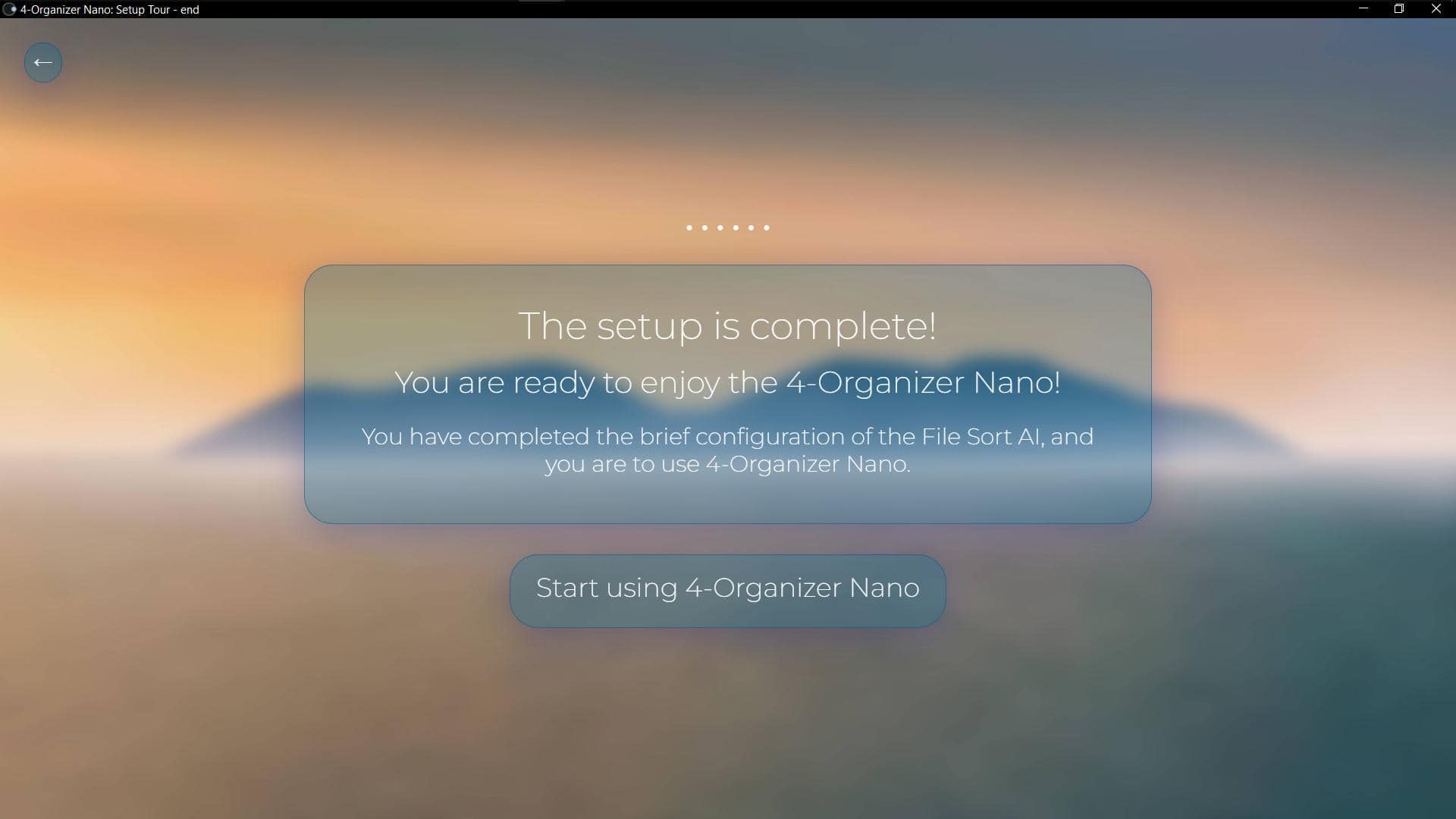 Screenshot of 'Setup Tour completed' window of 4-Organizer Nano