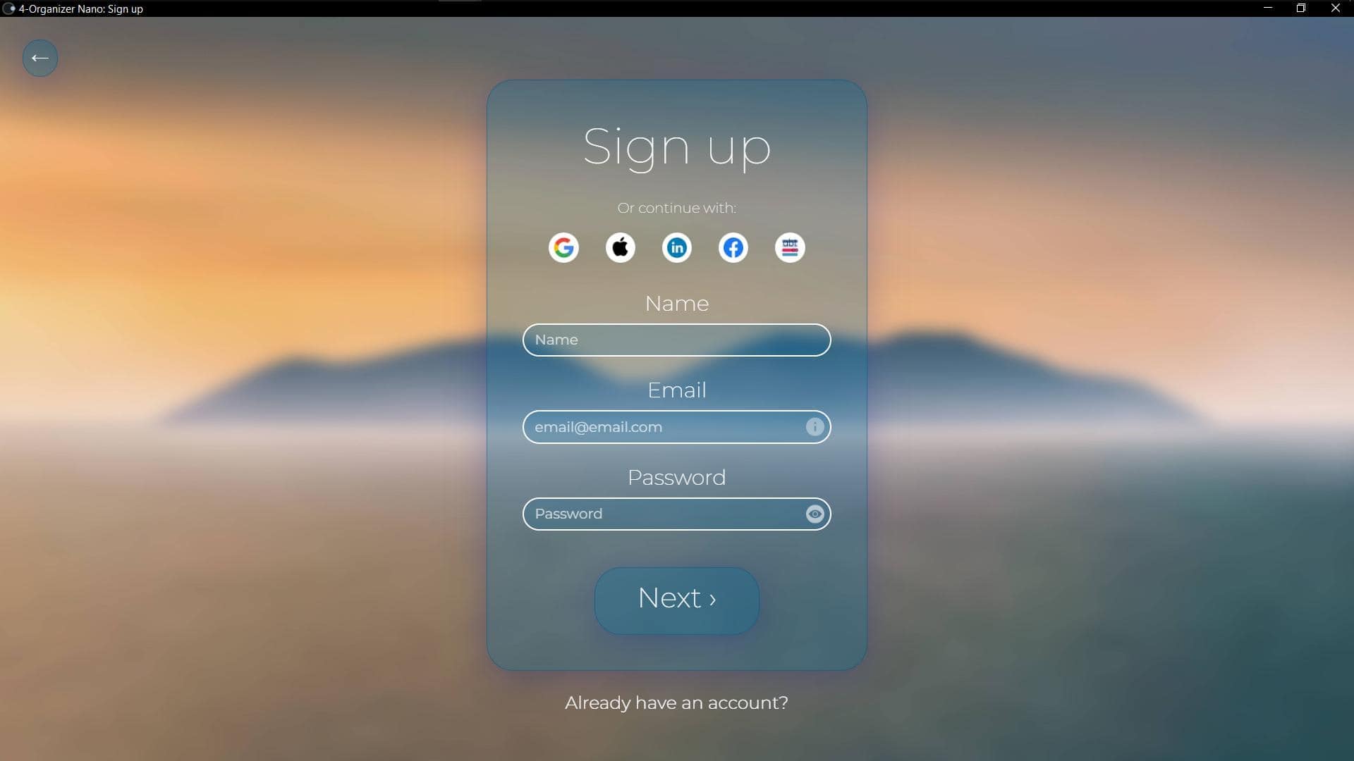 Screenshot of 'Sign up' window of 4-Organizer Nano
