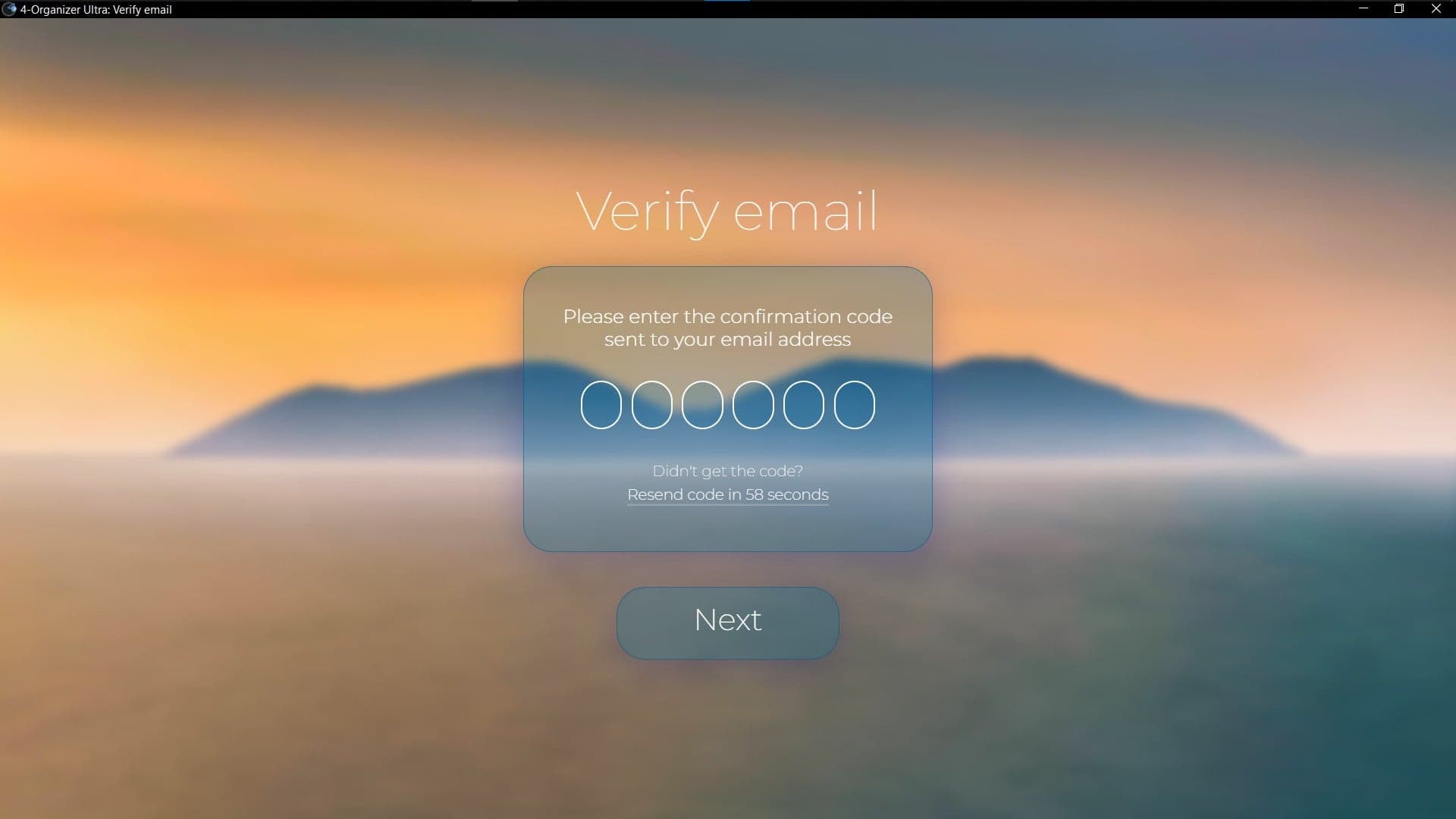 Screenshot of 'Email verification' window of 4-Organizer Ultra