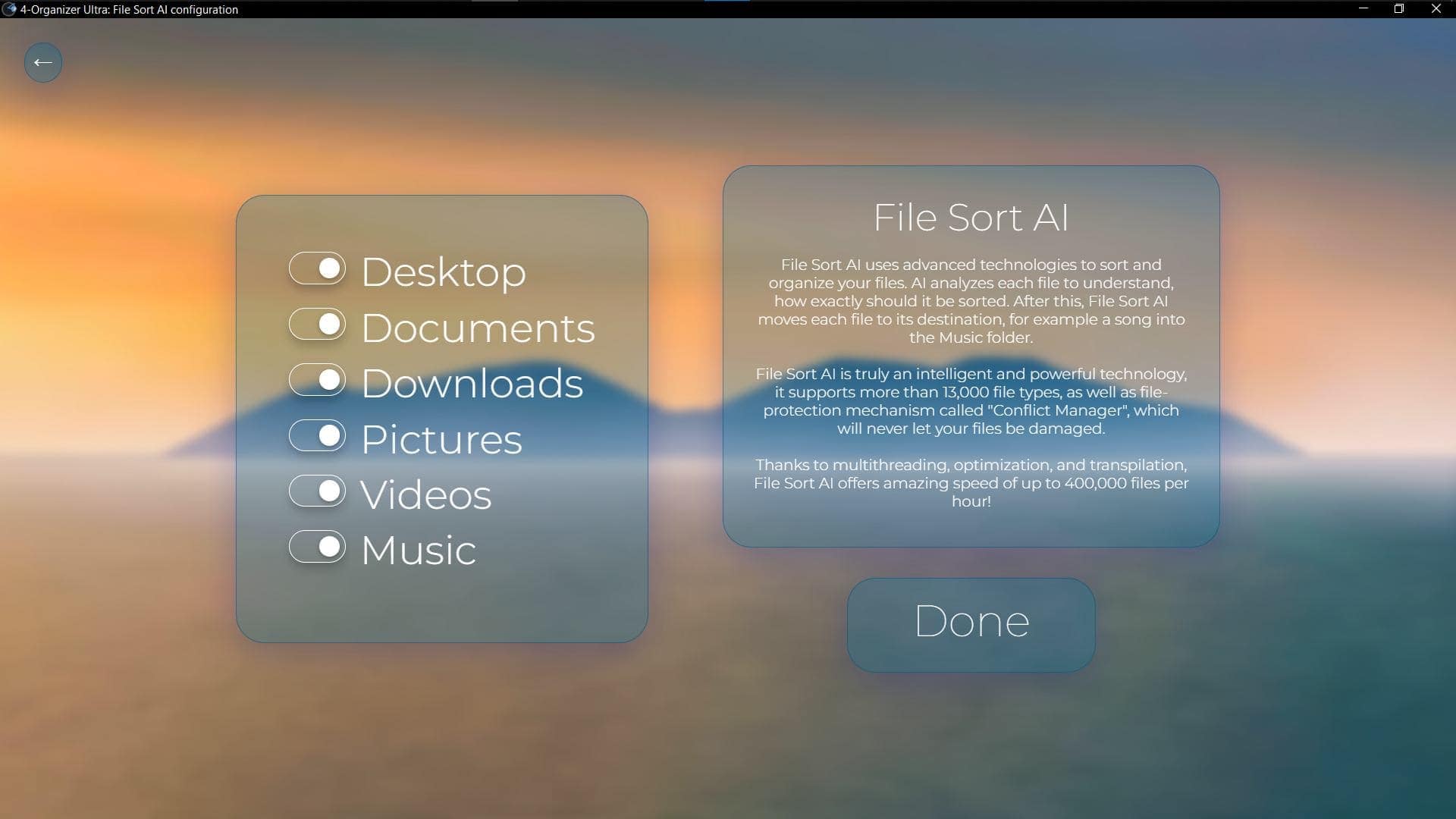 Screenshot of 'File Sort AI configuration' window of 4-Organizer Ultra
