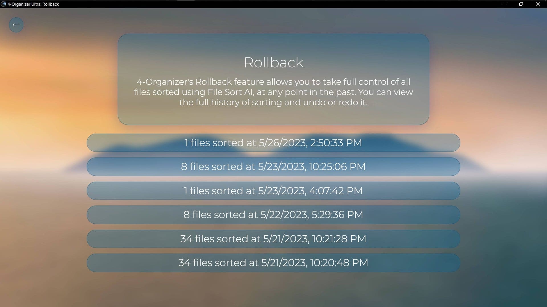 Screenshot of 4-Organizer Ultra's Rollback feature