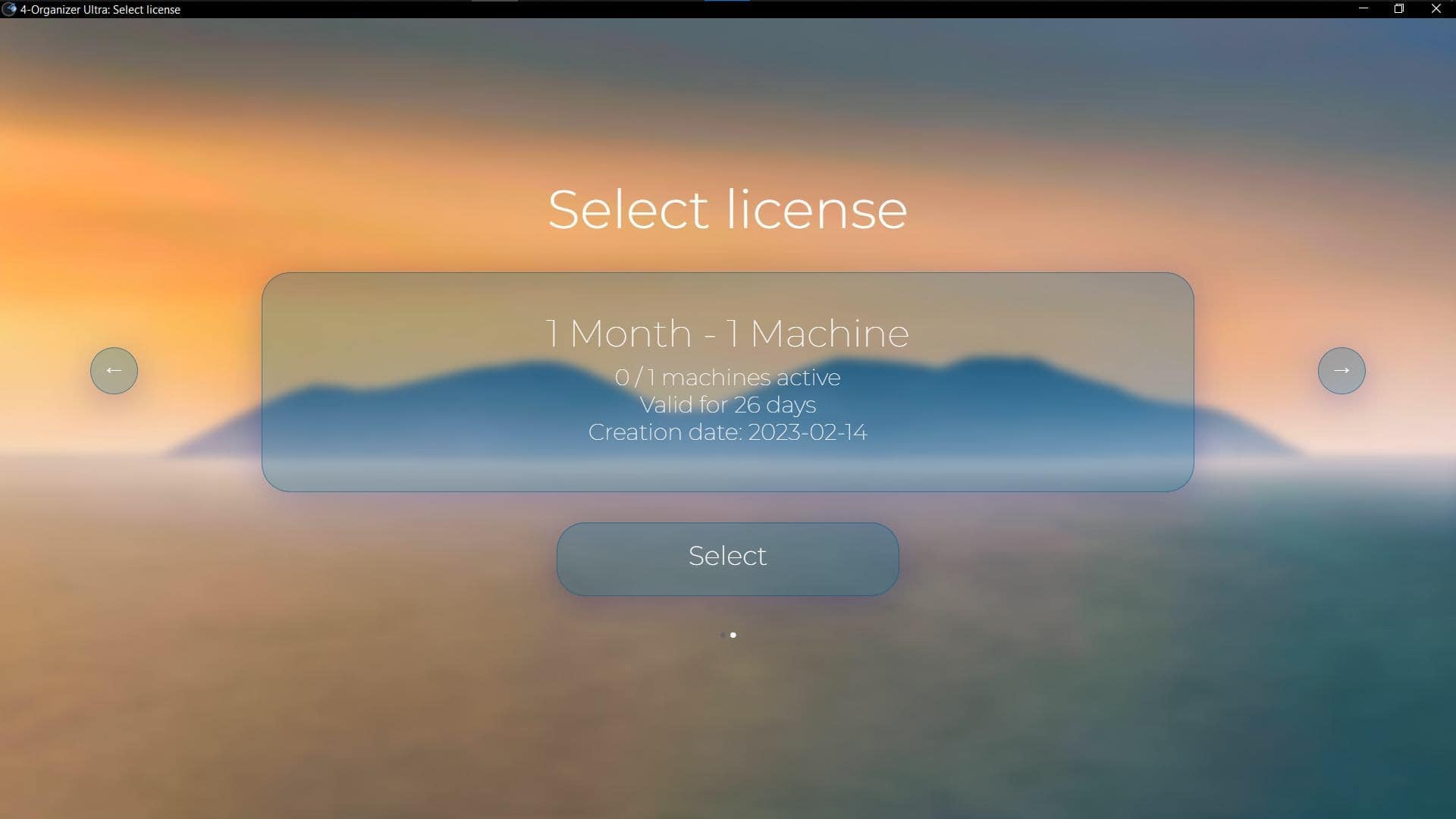 Screenshot of 'License selection' window of 4-Organizer Ultra
