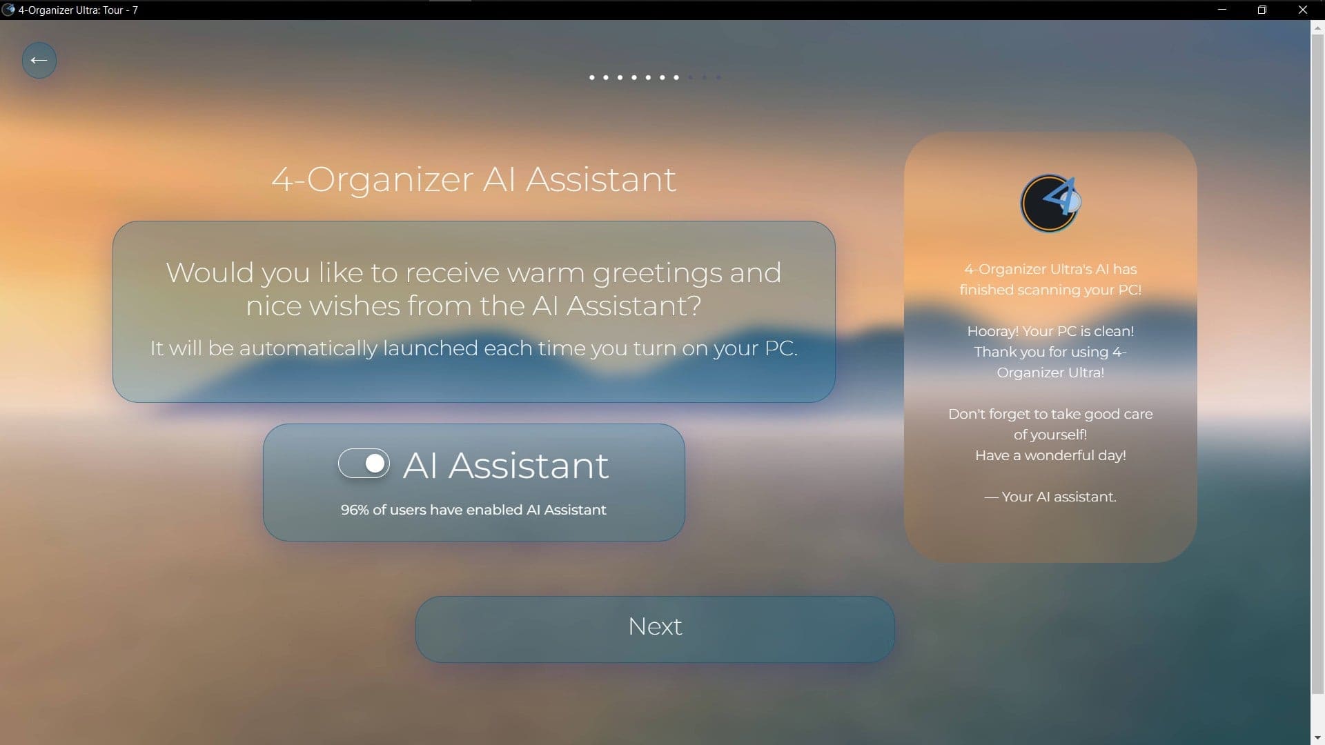 Screenshot of 'Setup Tour' window of 4-Organizer Ultra that allows user to enable or disable the 4-Organizer AI Assistant