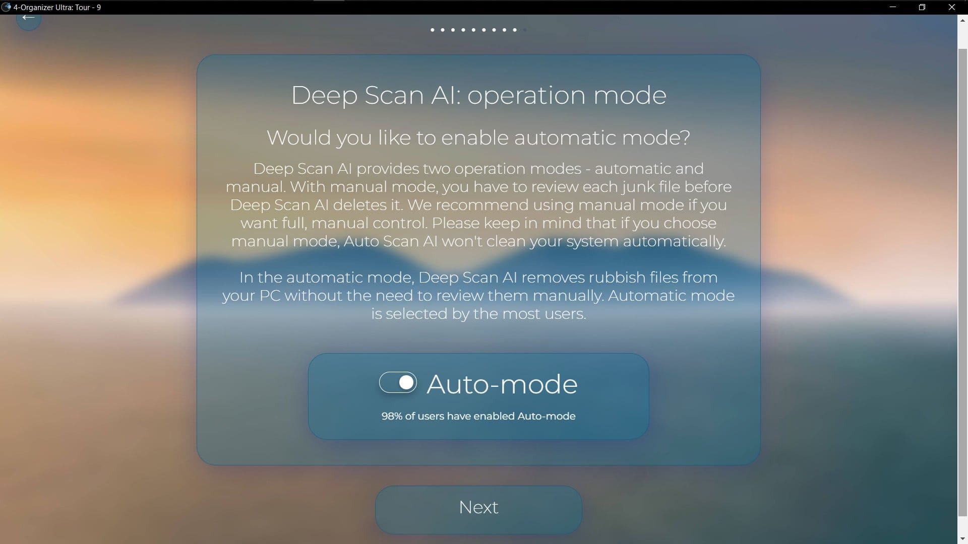 Screenshot of 'Setup Tour' window of 4-Organizer Ultra that allows user to configure the Deep Scan AI operation mode