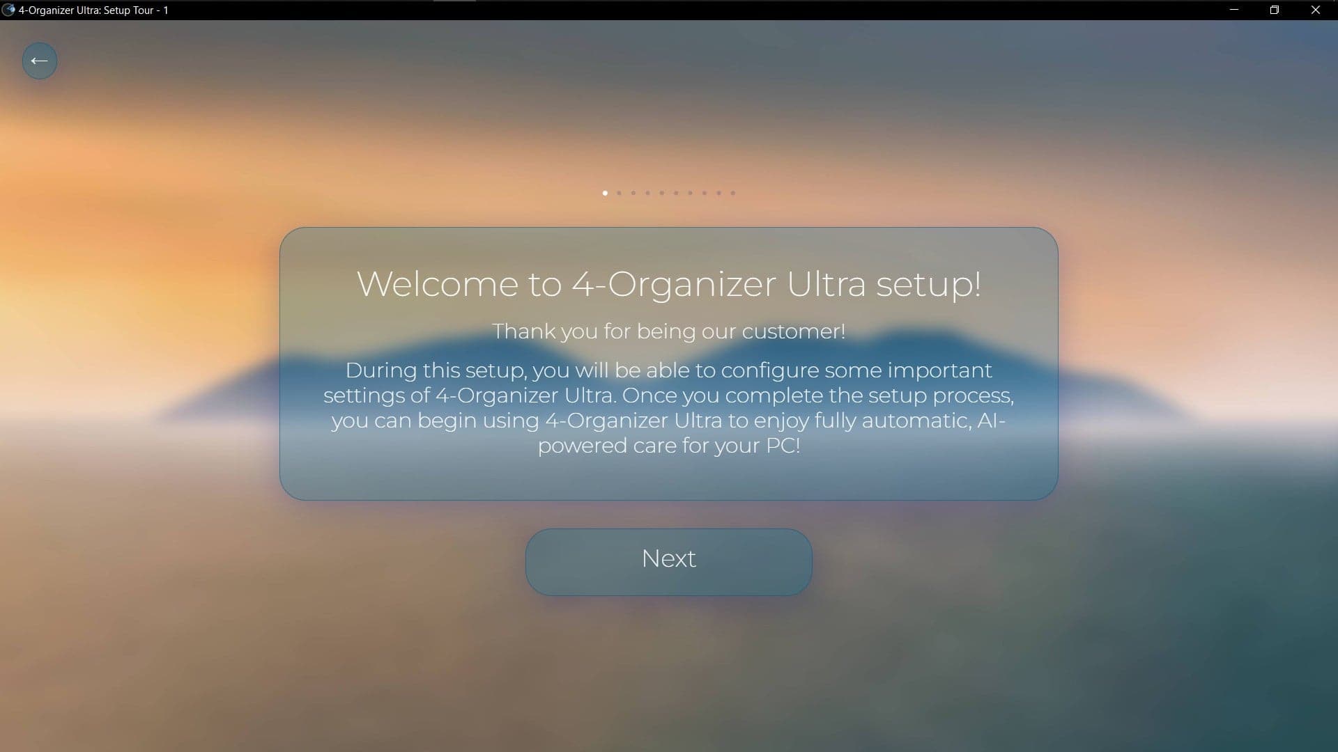 Screenshot of 4-Organizer Ultra's 'Setup Tour' welcome window