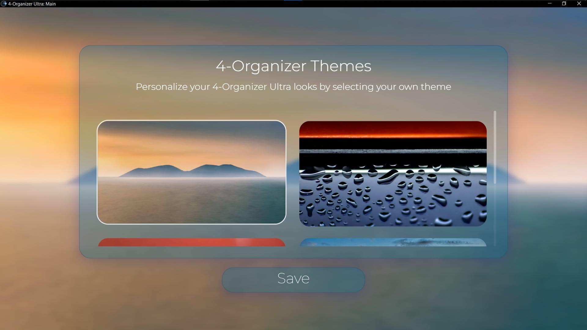 Screenshot of 'Theme' window of 4-Organizer Ultra