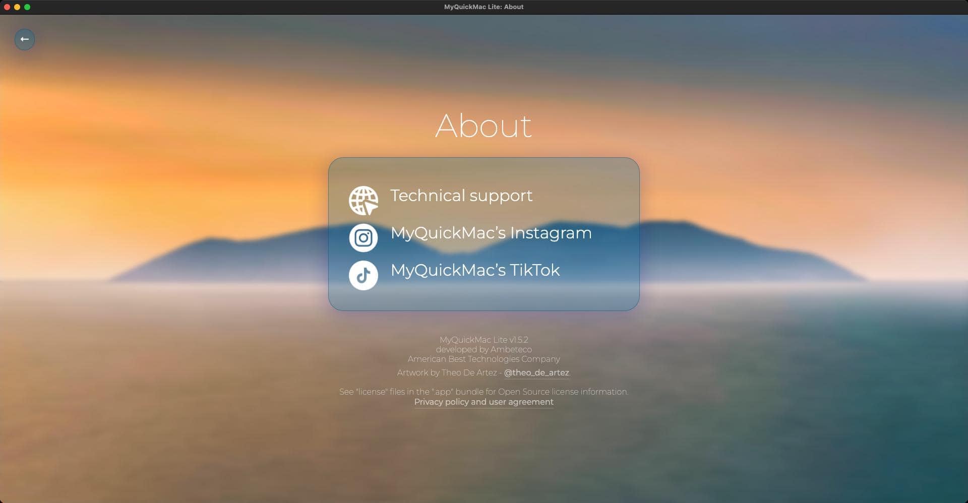 Screenshot of 'About' window of MyQuickMac Lite