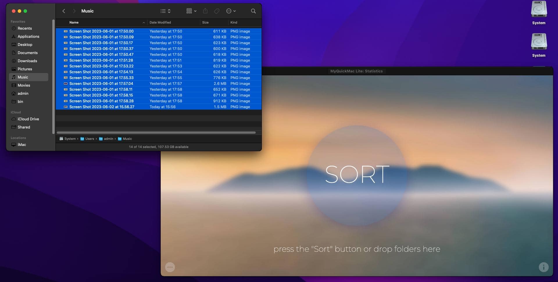 Screenshot folder that will be sorted by using Drag-and-drop functionality of MyQuickMac Lite