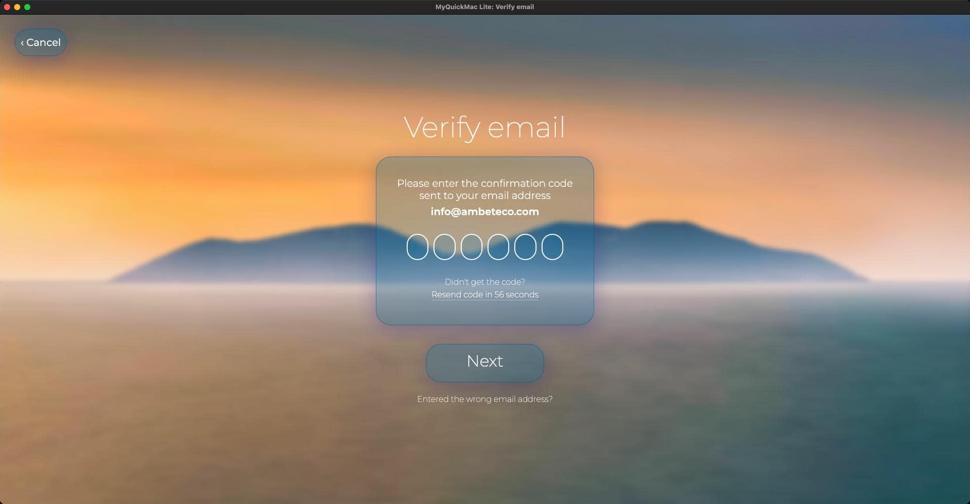 Screenshot of 'Email verification' window of MyQuickMac Lite