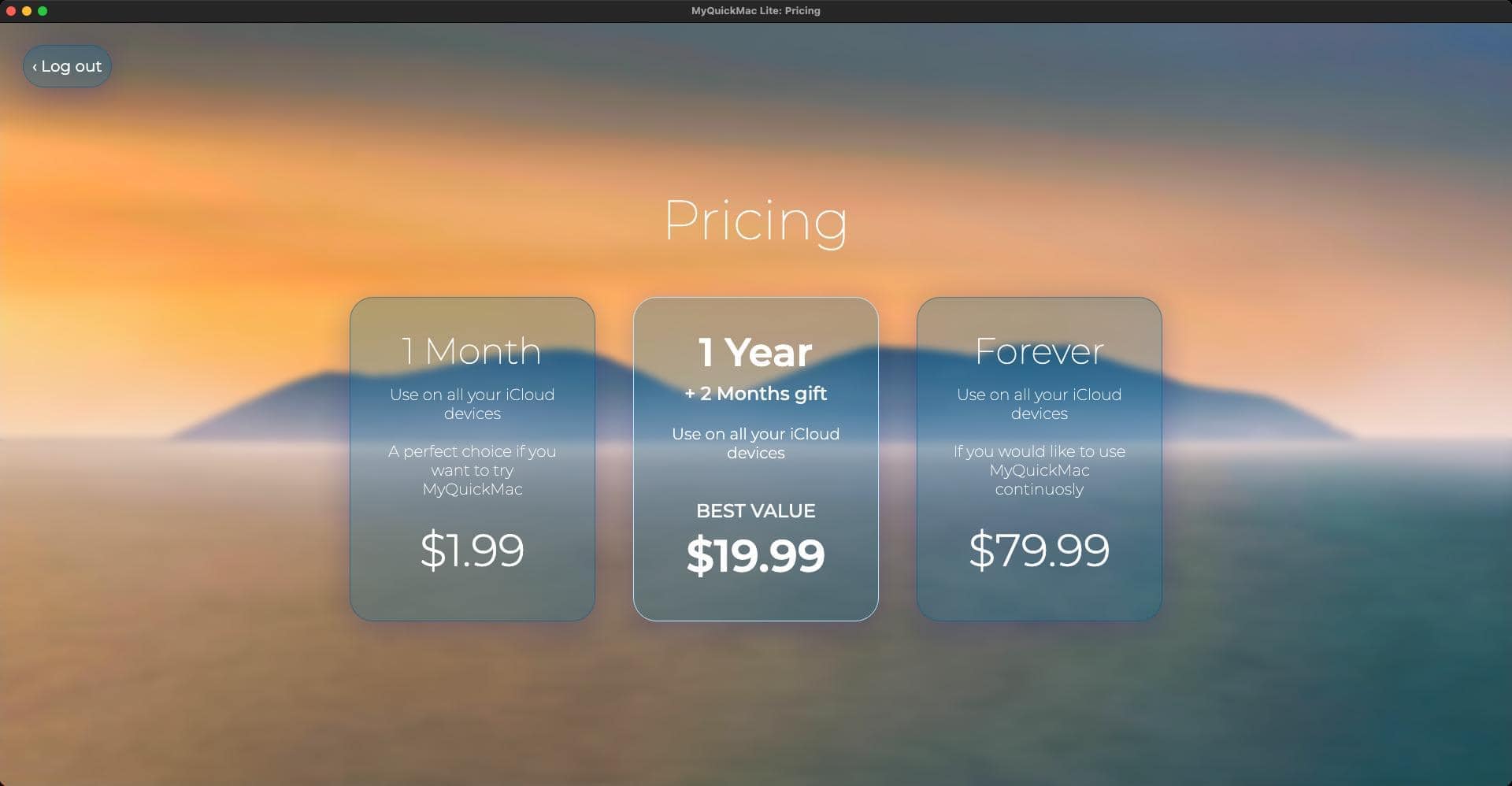 Screenshot of 'Pricing' window of MyQuickMac Lite