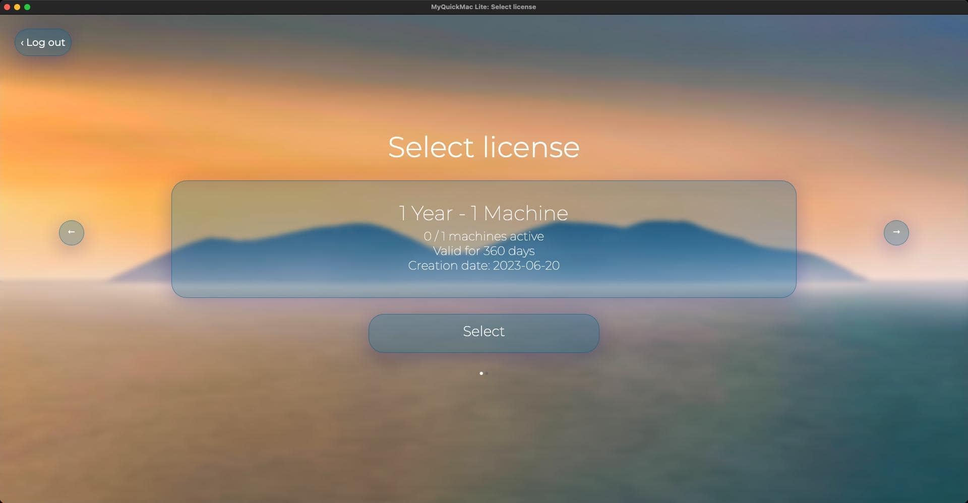 Screenshot of 'License selection' window of MyQuickMac Lite