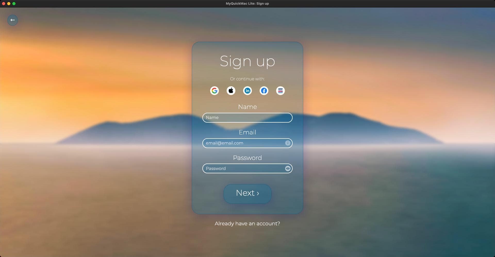 Screenshot of 'Sign up' window of MyQuickMac Lite