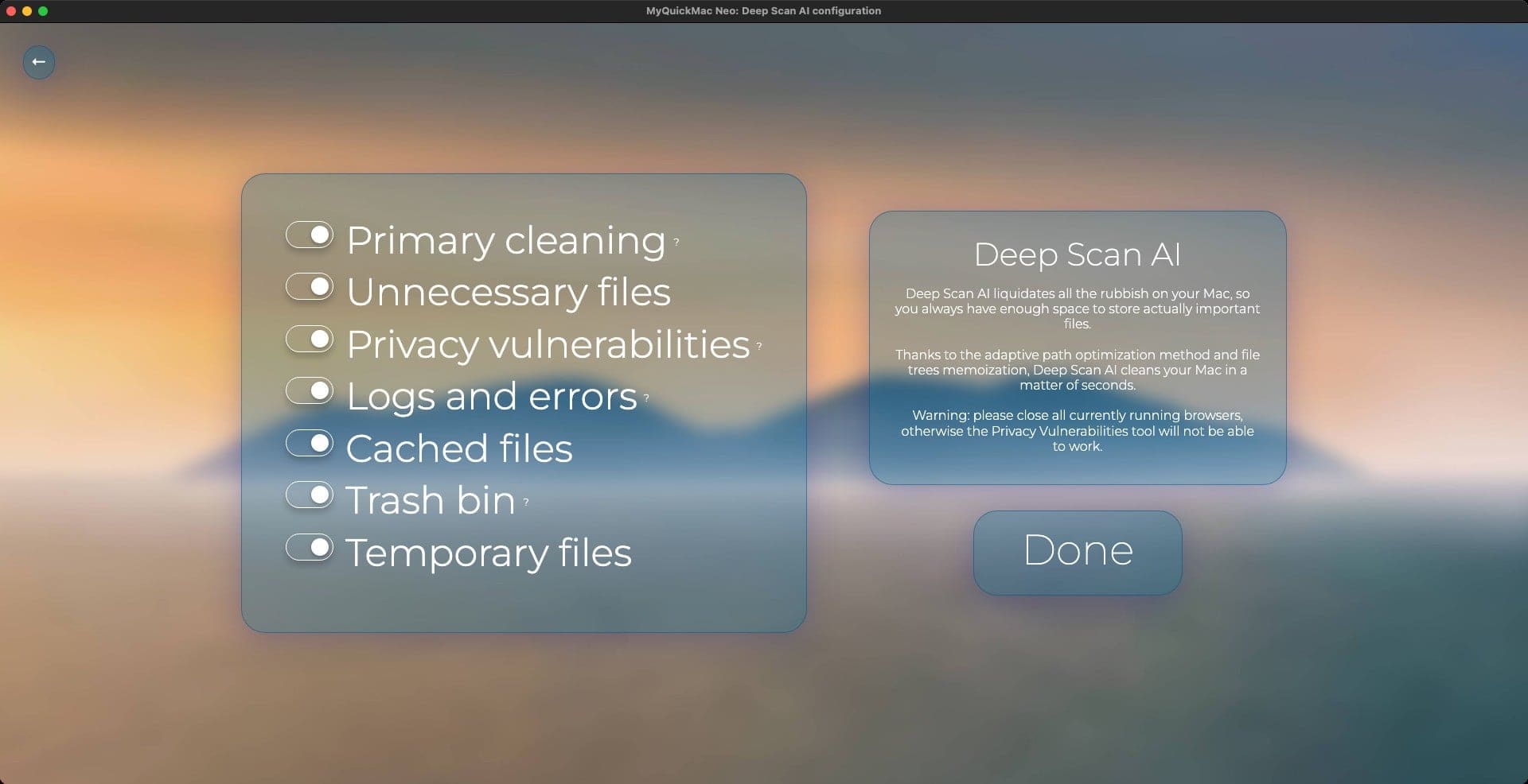 Screenshot of 'Deep Scan AI configuration' window of MyQuickMac Neo