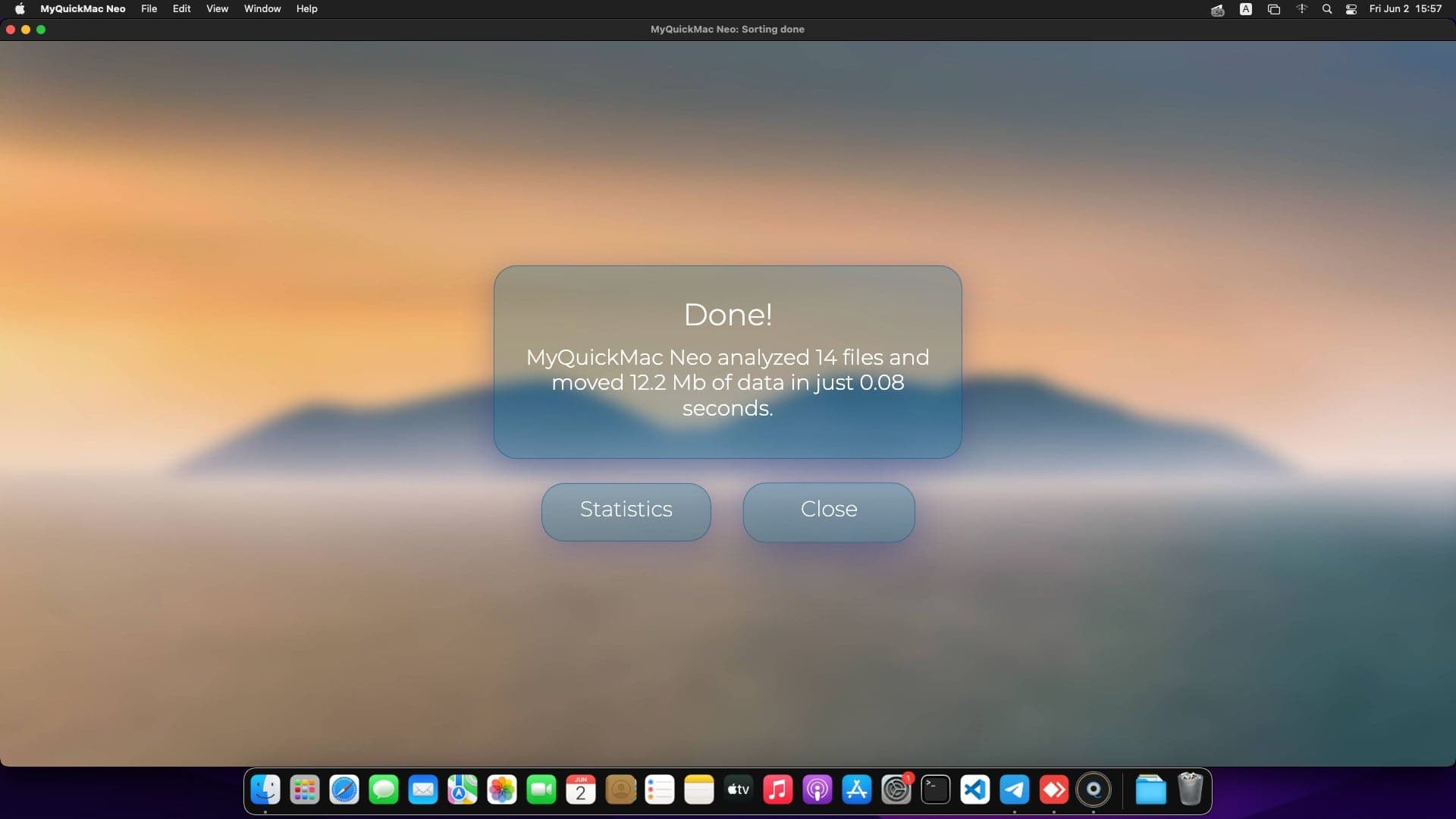 Screenshot of 'Sorting done' window of MyQuickMac Neo