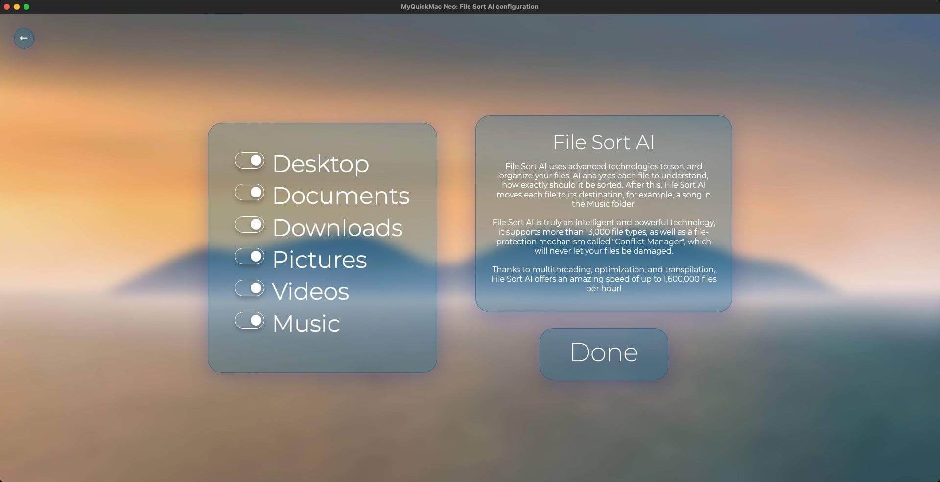 Screenshot of 'File Sort AI configuration' window of MyQuickMac Neo