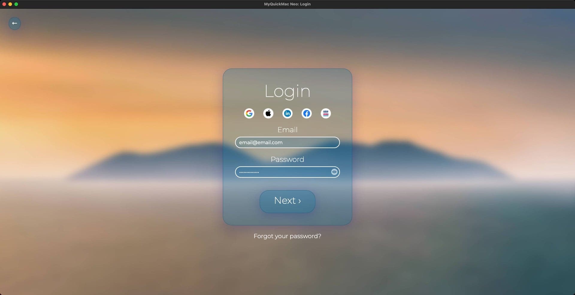 Screenshot of 'Login' window of MyQuickMac Neo