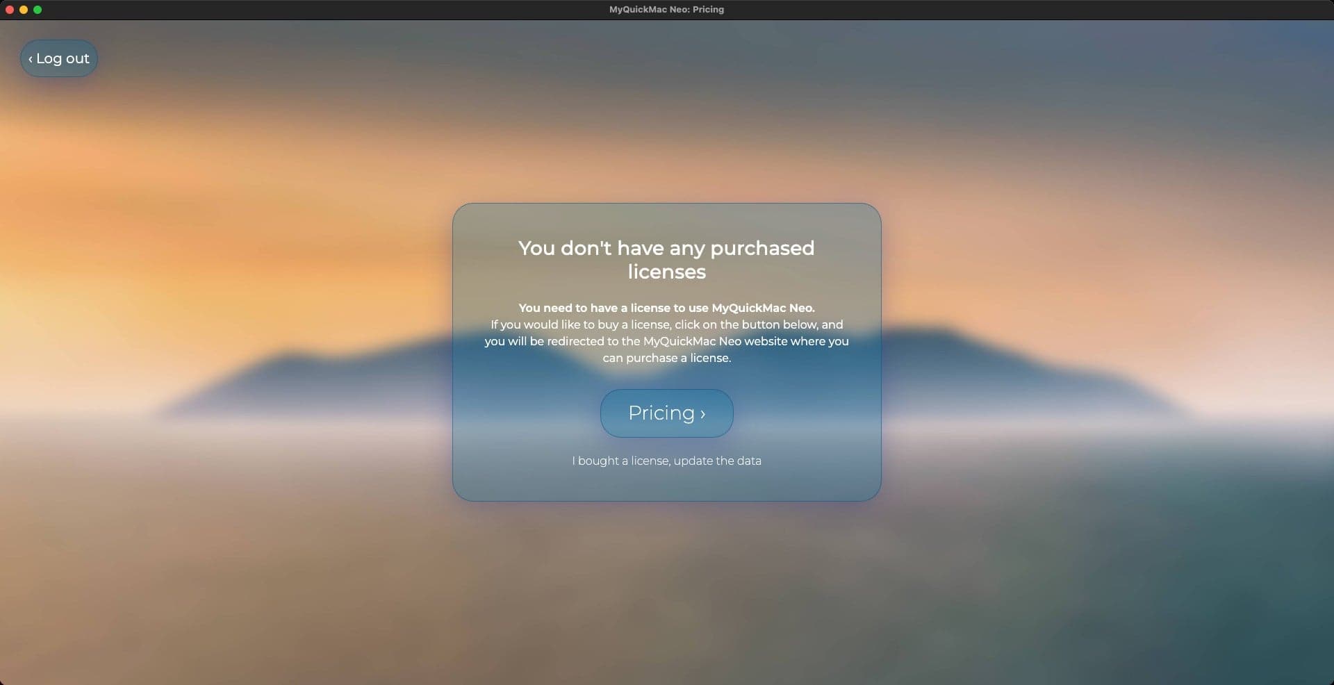 Screenshot of 'Pricing' window of MyQuickMac Neo