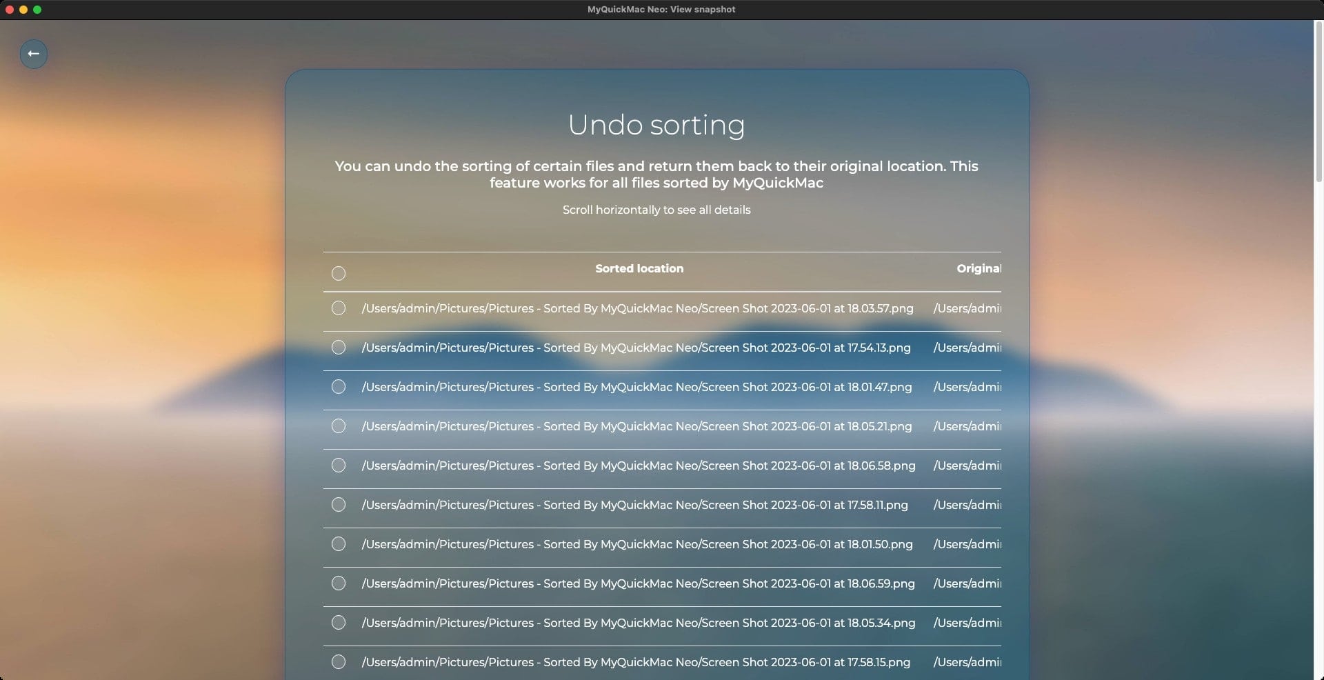  This convenient table displays the “original” location of the file and its “target” path. Select any files via your preferred method to undo them.