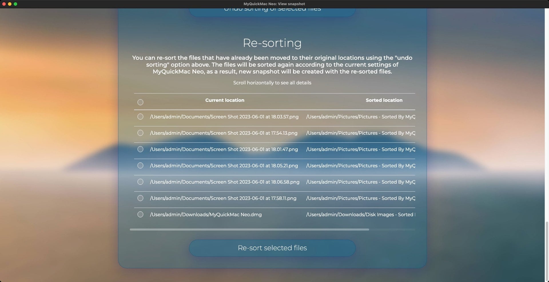 Re-sort any selected files by pressing the “Re-sort selected files” button.