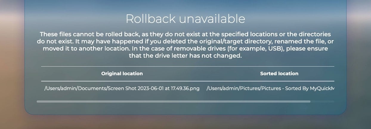 A 'Rollback unavailable' window with a table