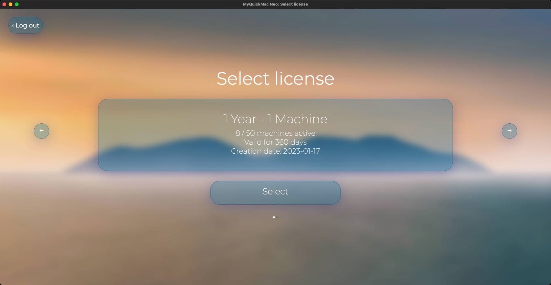 Screenshot of 'License selection' window of MyQuickMac Neo