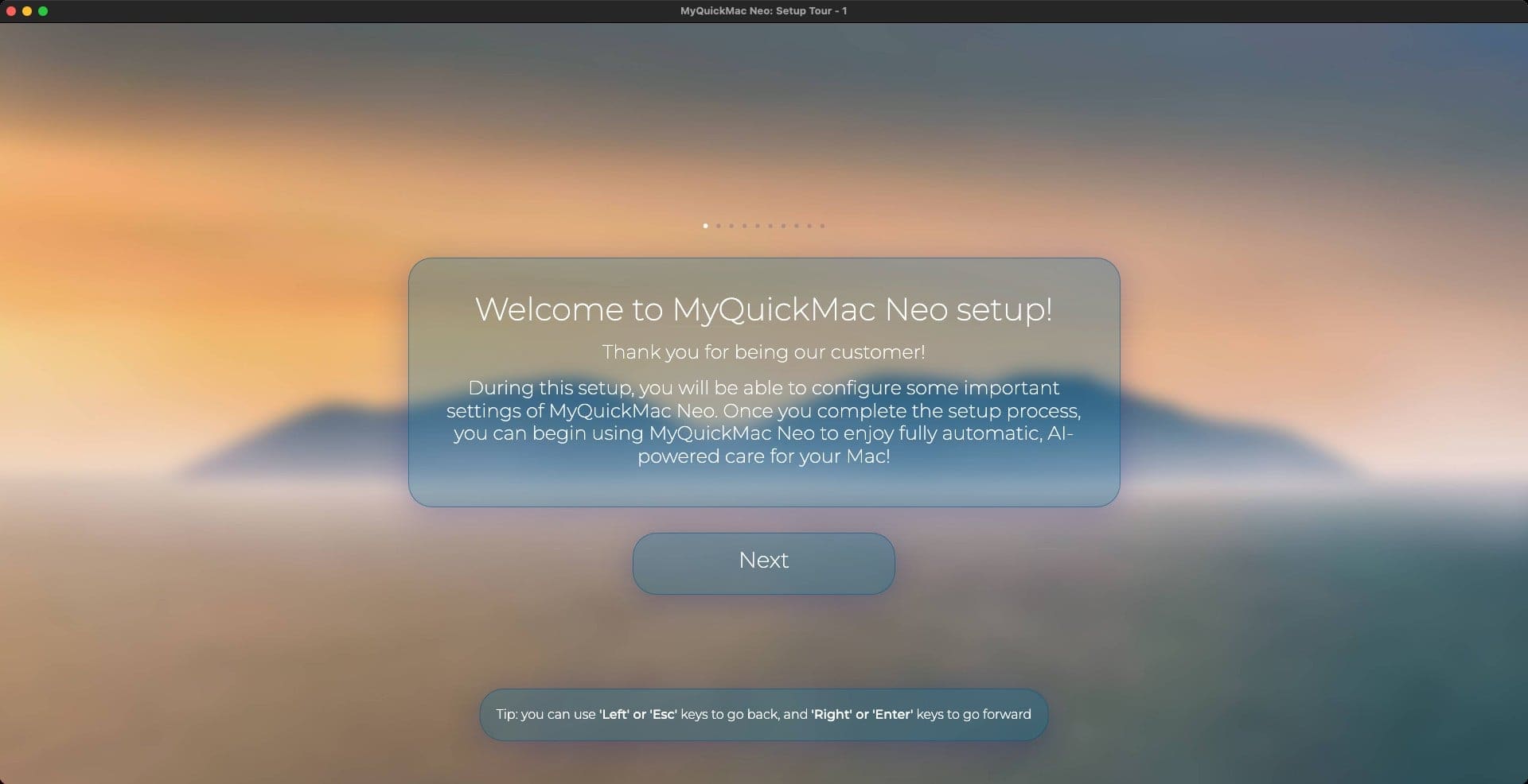 Screenshot of MyQuickMac Neo's 'Setup Tour' welcome window