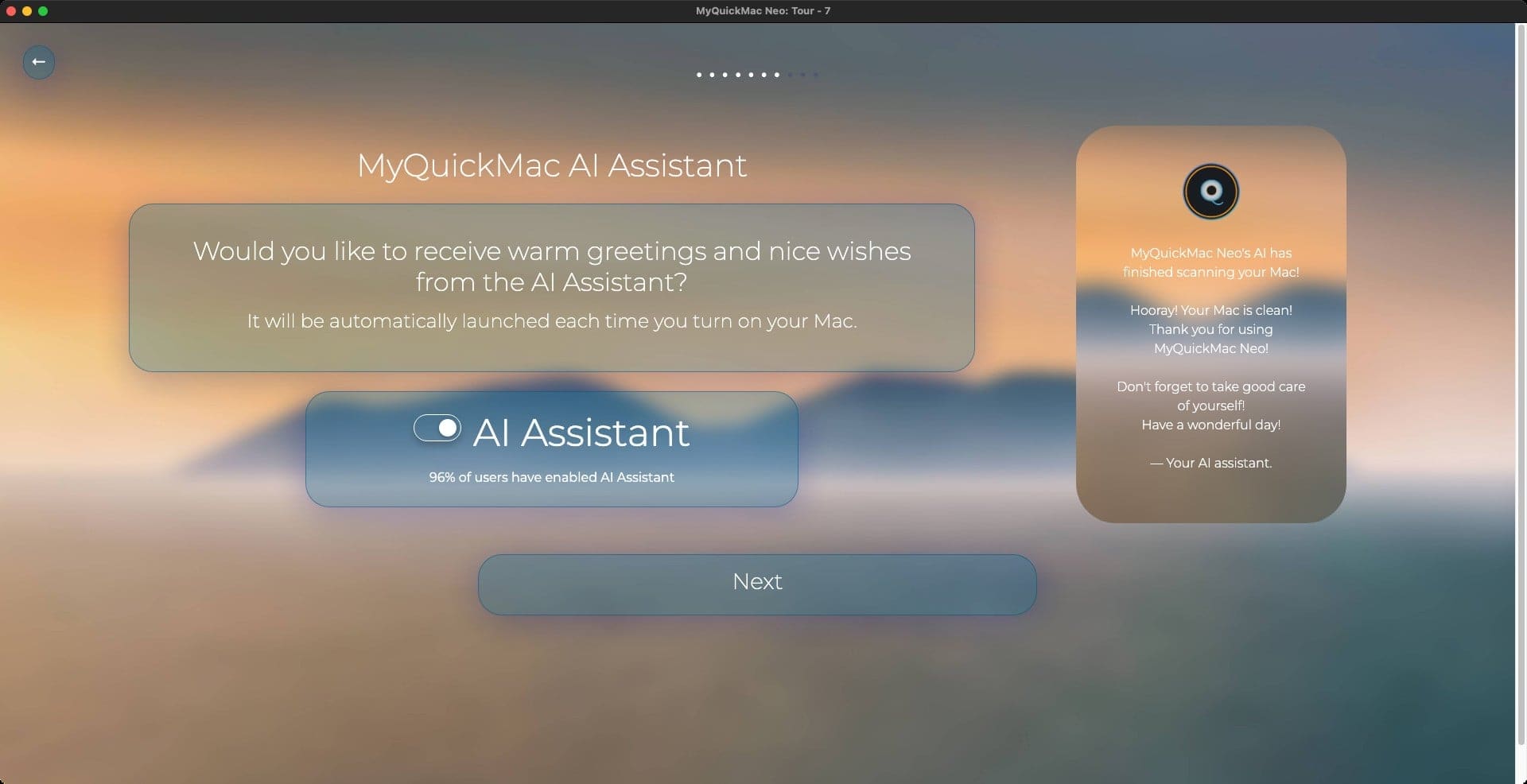 Screenshot of 'Setup Tour' window of MyQuickMac Neo that allows user to enable or disable the MyQuickMac AI Assistant