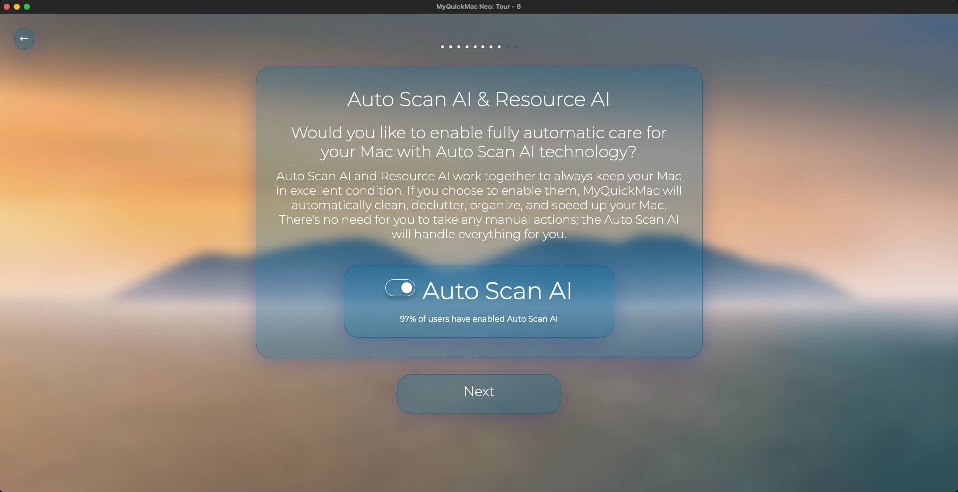 Screenshot of 'Setup Tour' window of MyQuickMac Neo that allows user to configure the Auth Scan AI