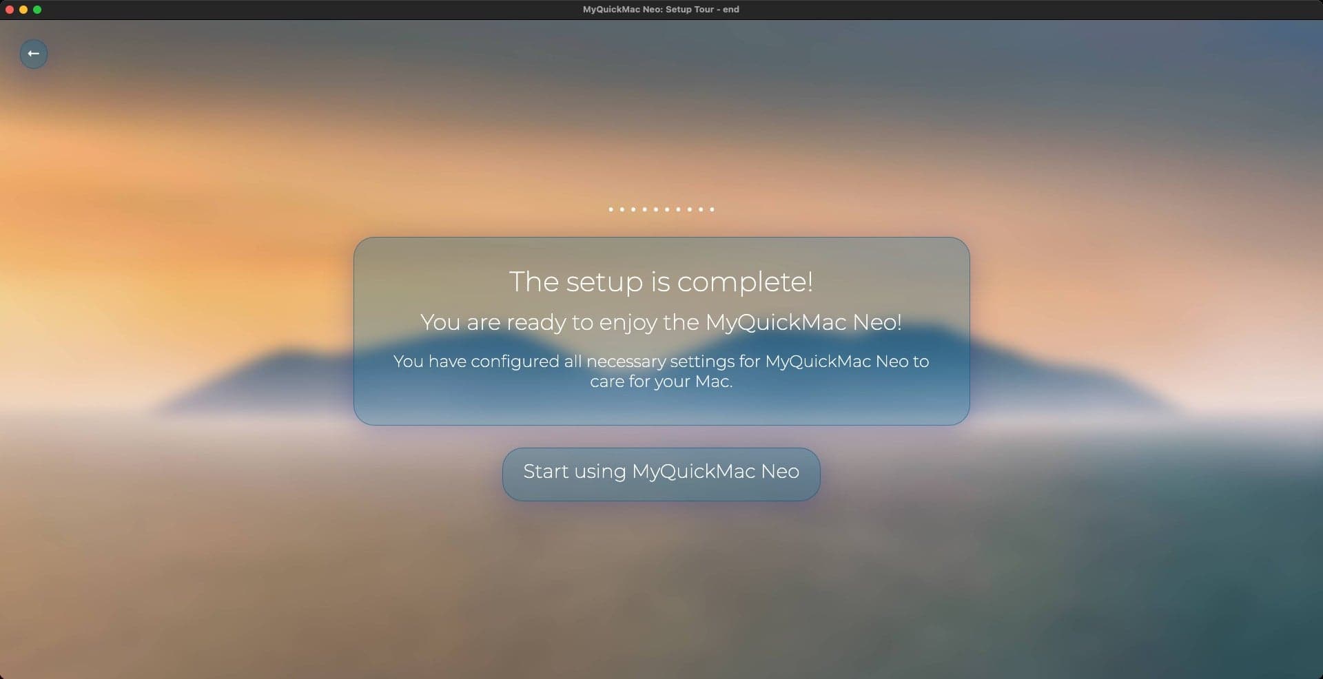 Screenshot of 'Setup Tour completed' window of MyQuickMac Neo