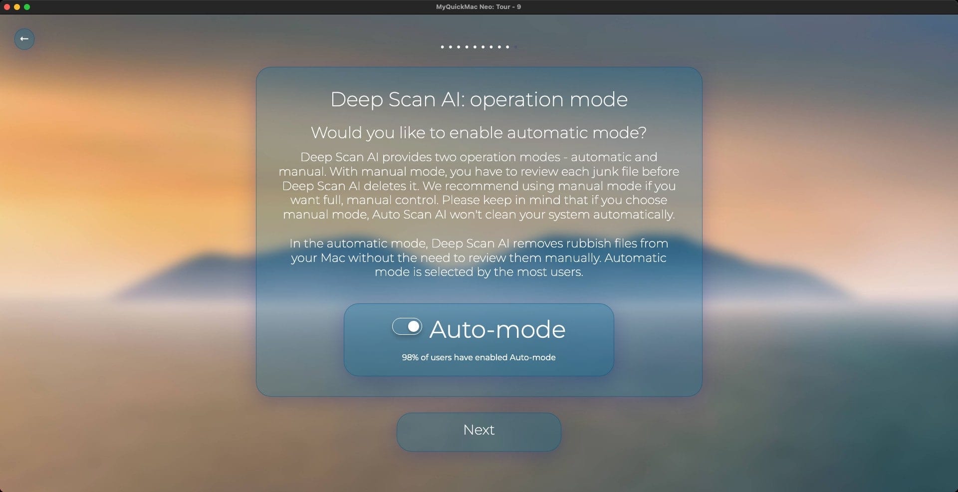 Screenshot of 'Setup Tour' window of MyQuickMac Neo that allows user to configure the Deep Scan AI operation mode