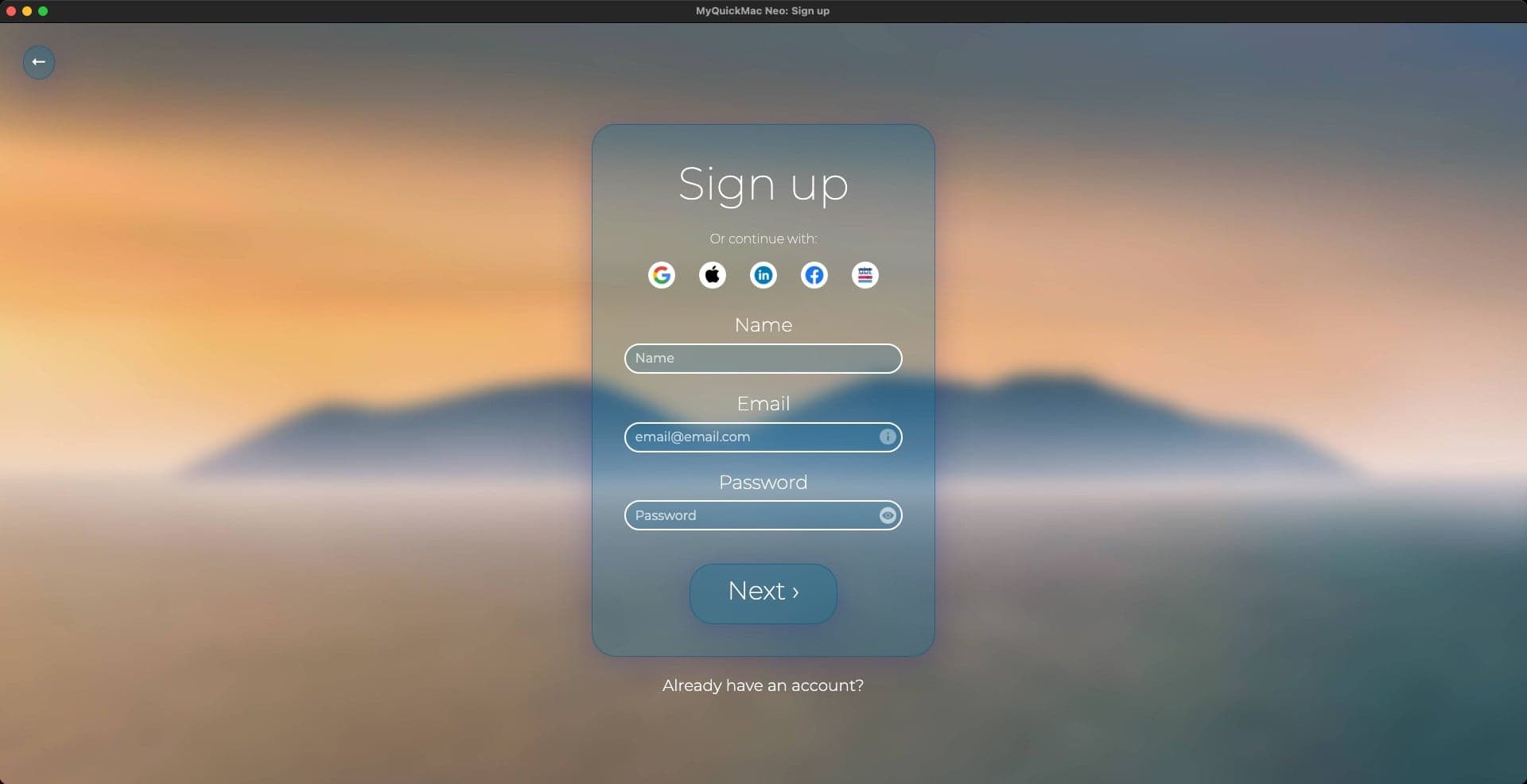 Screenshot of 'Sign up' window of MyQuickMac Neo