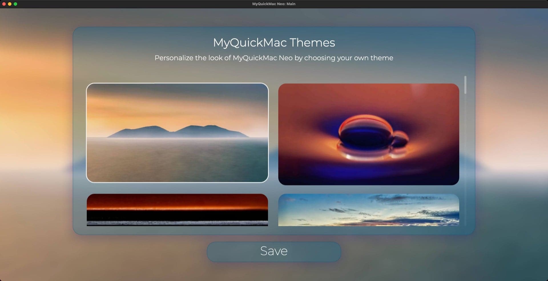 Screenshot of 'Theme' window of MyQuickMac Neo