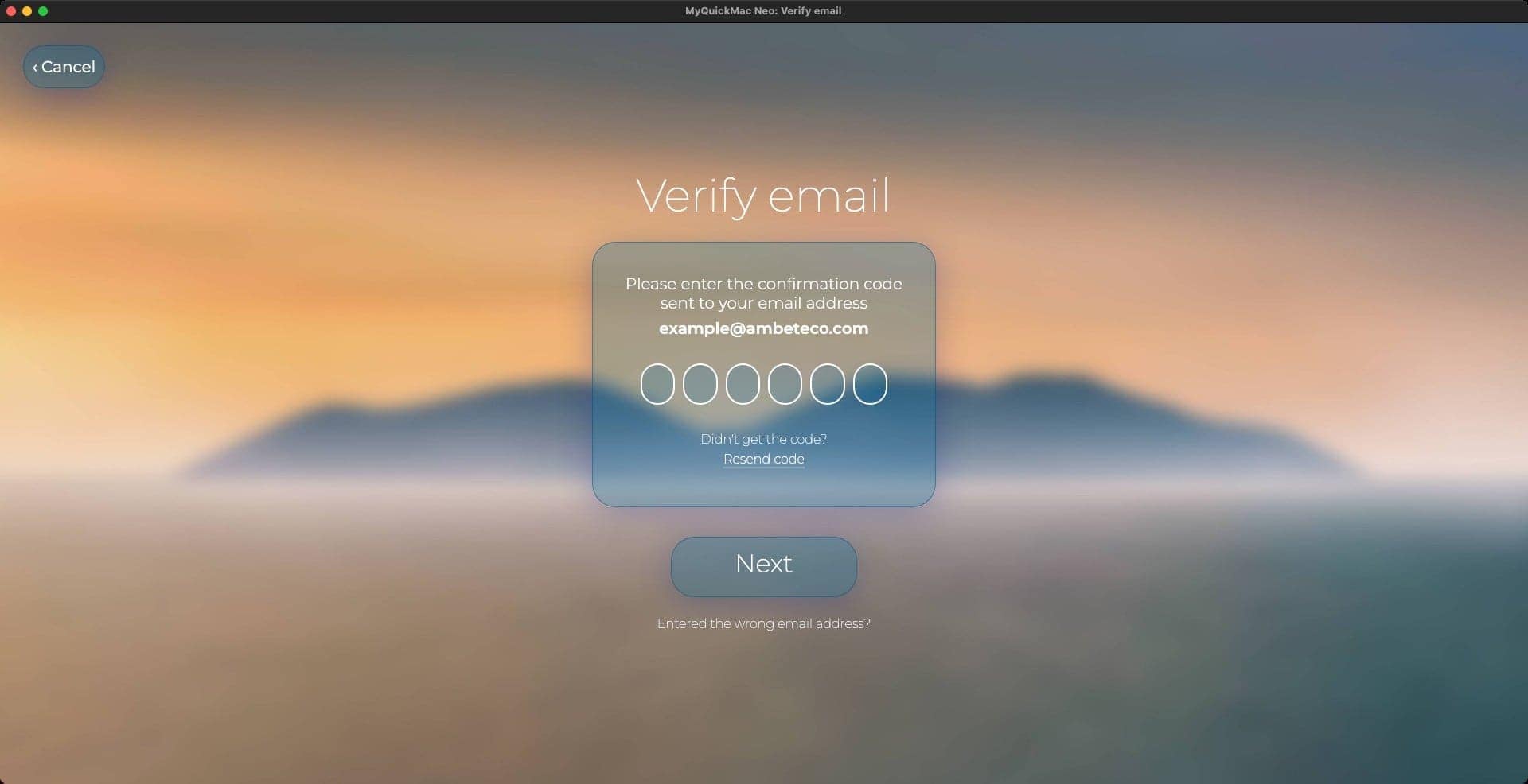 Screenshot of 'Email verification' window of MyQuickMac Neo