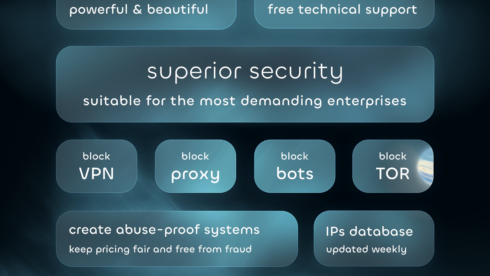 Universal dashboard that is powerful and beautiful, with superior security suitable for the most demanding enterprises. Free technical support, create abuse-proof systems, keep pricing fair and free from fraud, IPS database updated weekly. The image also shows buttons labeled: VPN, Block Bots, Block TOR Proxy, and Block. Create abuse-proof systems, keep pricing fair and free from fraud. IPs database updated weekly.