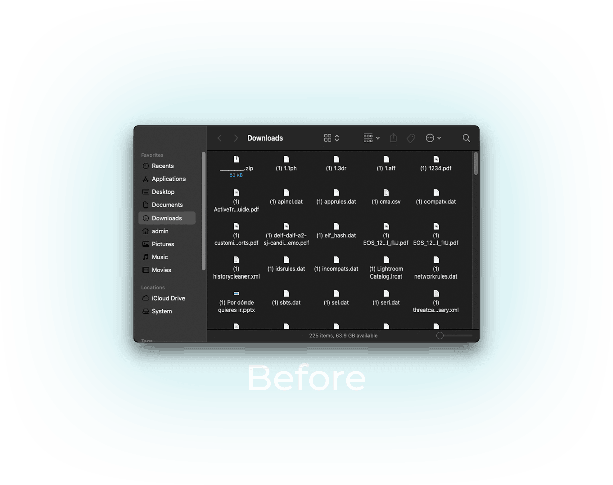Before: shows a cluttered Finder folder with lots of files.