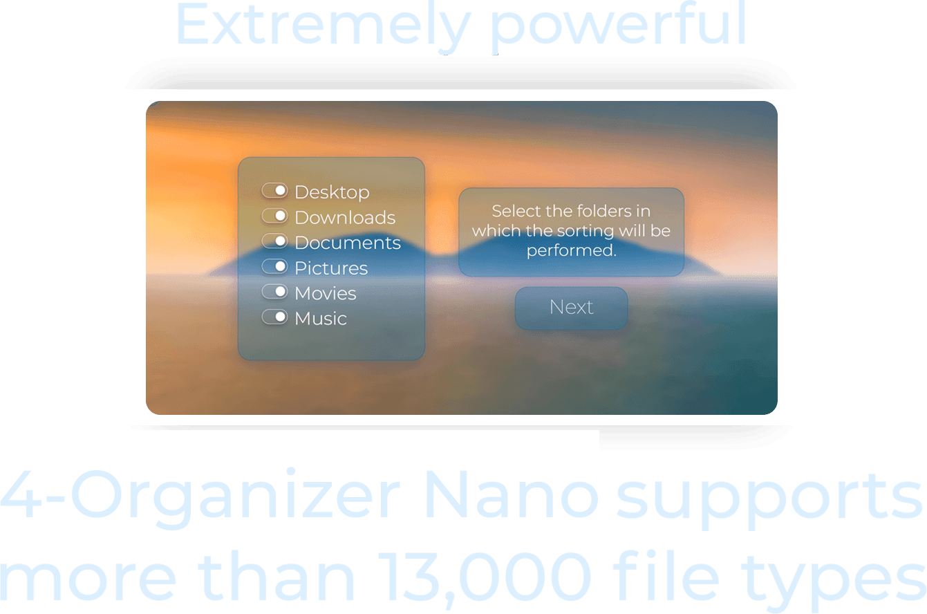 Extremely powerful: 4-Organizer Nano supports more than 13,000 file types. Shows a 4-Organizer Nano window with the Scan configuration.