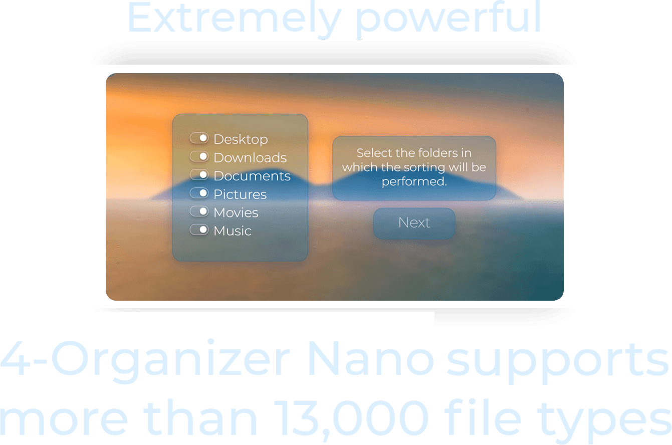 Extrêmement puissant : 4-Organizer Nano prend en charge plus de 13 000 types de fichiers. Montre une fenêtre 4-Organizer Nano avec la configuration d'analyse.