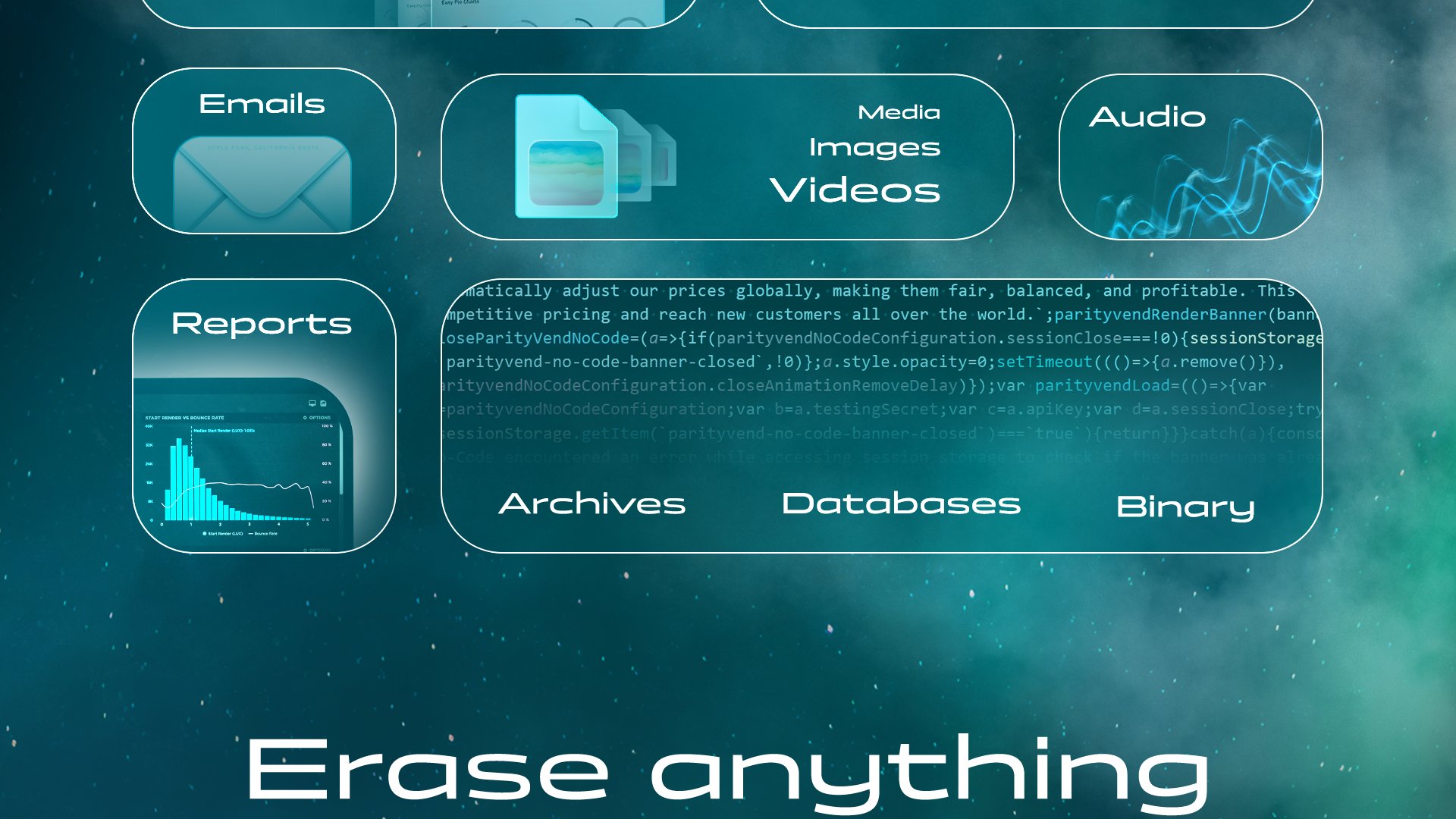 With MacGlacio, you can shred files of any type: Documents, PDFs, Text, Spreadsheets, Emails, Media, Audio, Images, Videos, Reports, Archives, Databases, Binary.