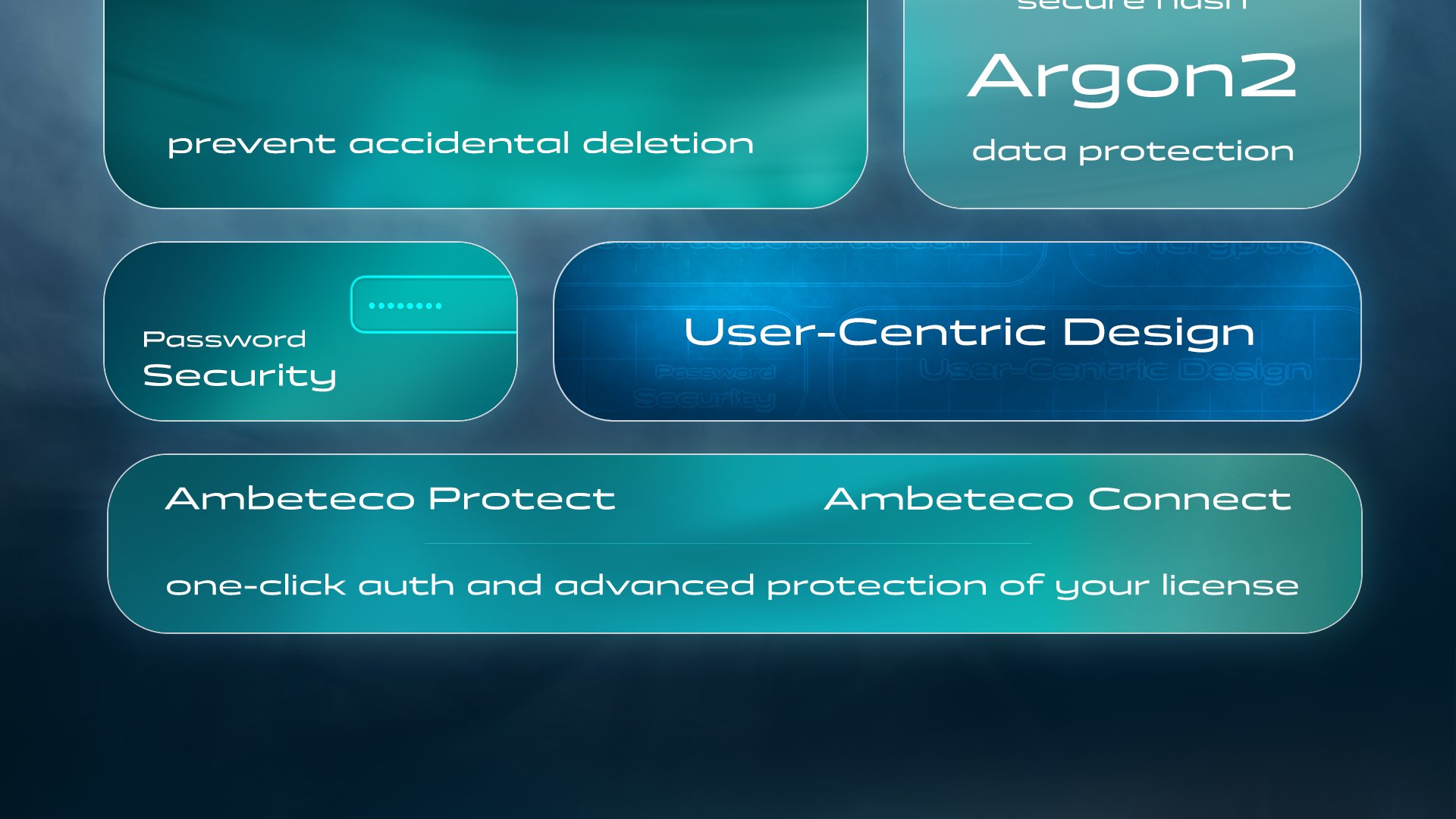 MacGlacio's security features include secure hash with Argon2 encryption, DeleteShield to prevent accidental deletion, User-Centric Design, Password Security, as well as Ambeteco Protect and Ambeteco Connect to provide one-click auth and advanced protection of your license.