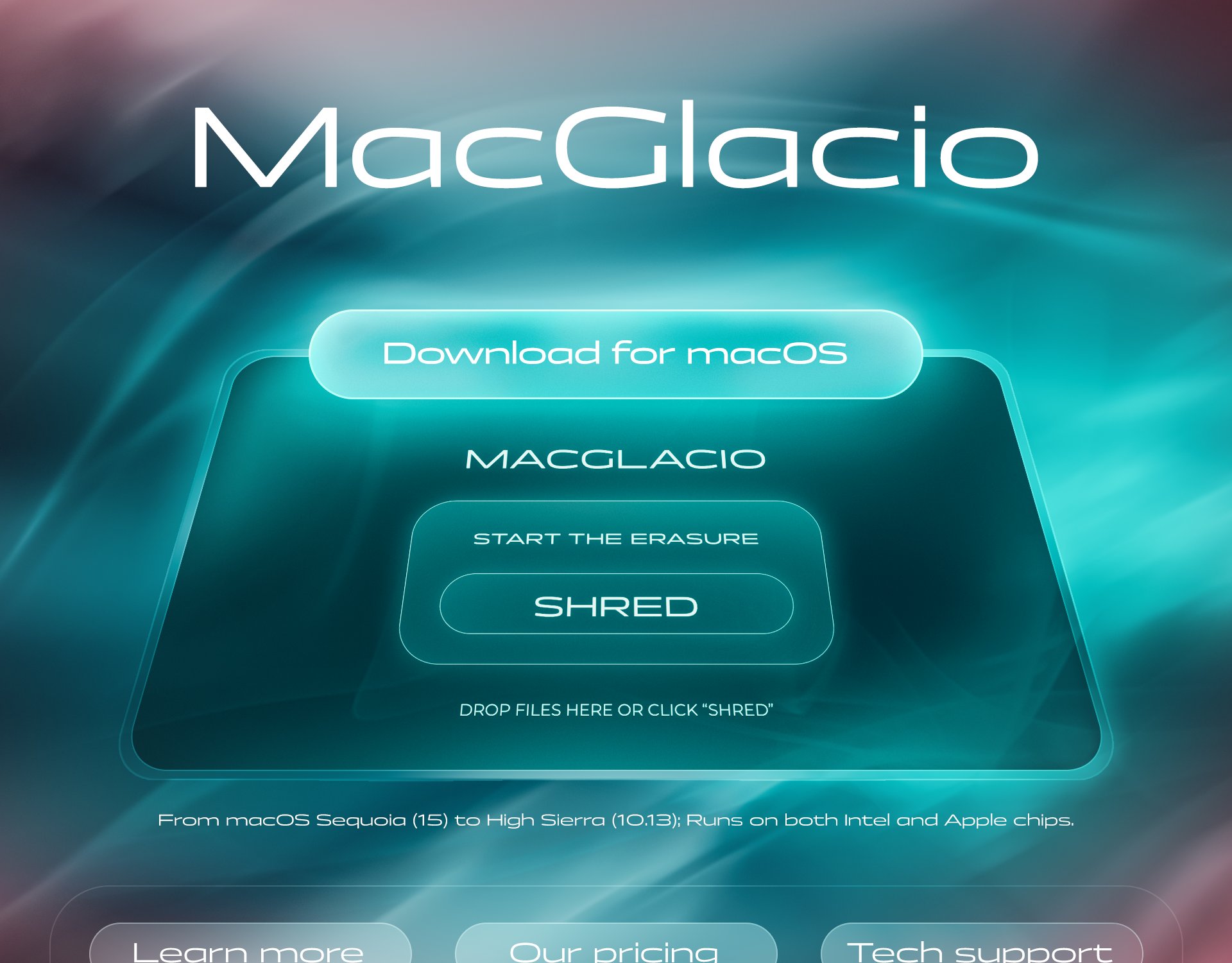 Section of a landing page for MacGlacio, a file erasure tool. Shows a “Download for macOS” button, app interface with “START THE ERASURE” and “SHRED” buttons, and text noting macOS High Sierra to macOS Sequoia compatibility (x64 & Apple Chips). Background is a cyan-pink abstract design.