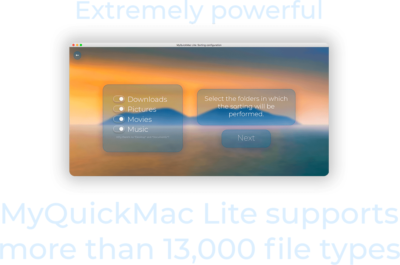 Extremely powerful: MyQuickMac Lite supports more than 13,000 file types. Shows a MyQuickMac Lite window with the Scan configuration.